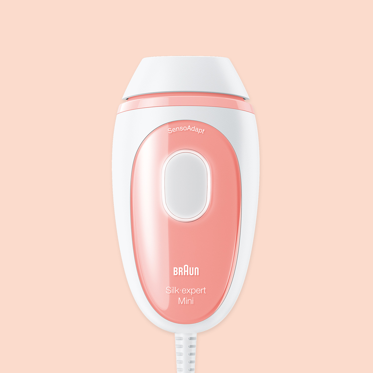 Braun markası ve Silk expert mini yazılı beyaz ve pembe bir epilatör.