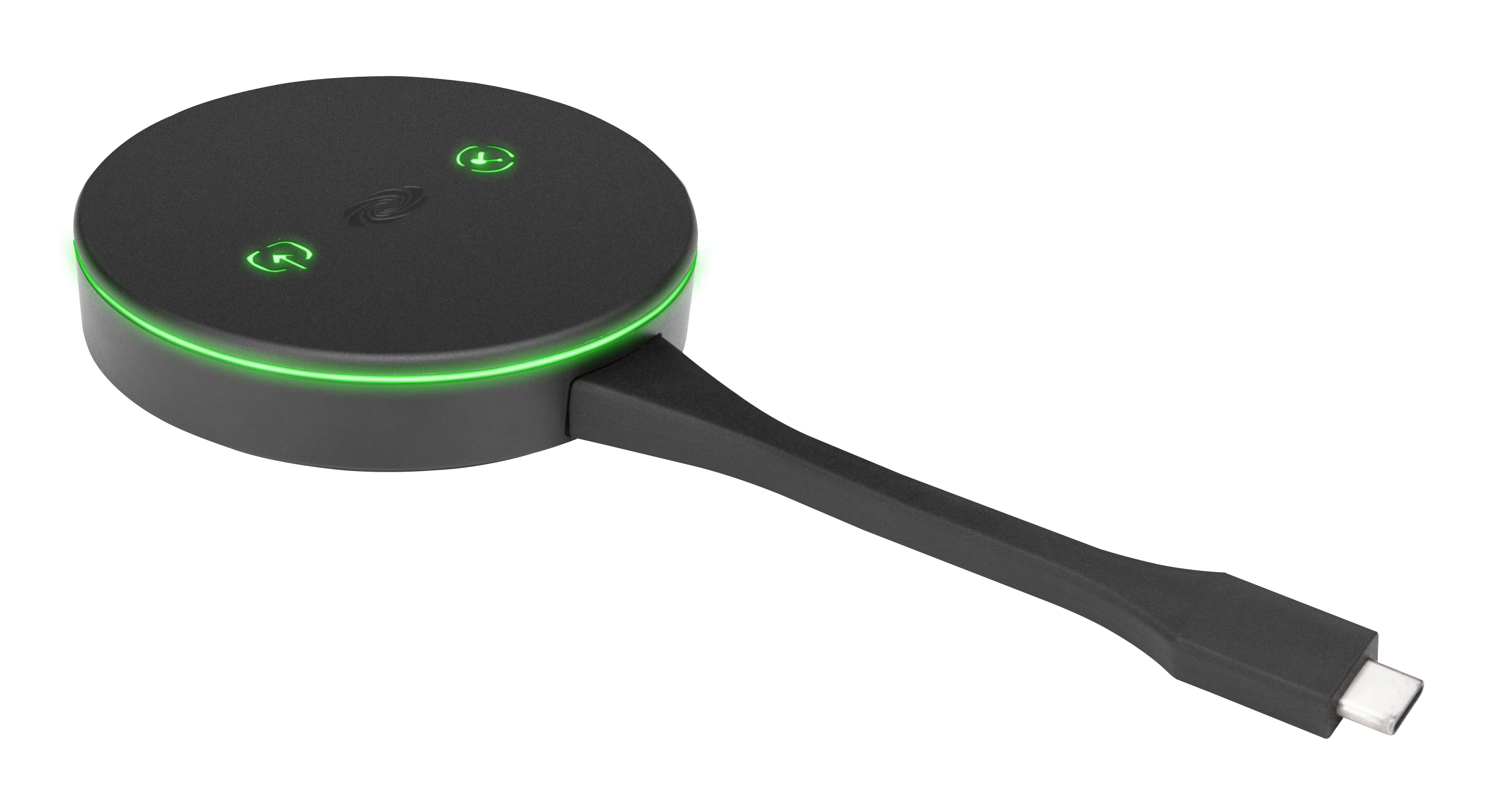 Dispositivo rotondo nero con luci verdi e cavo. È un controller per sala riunioni.