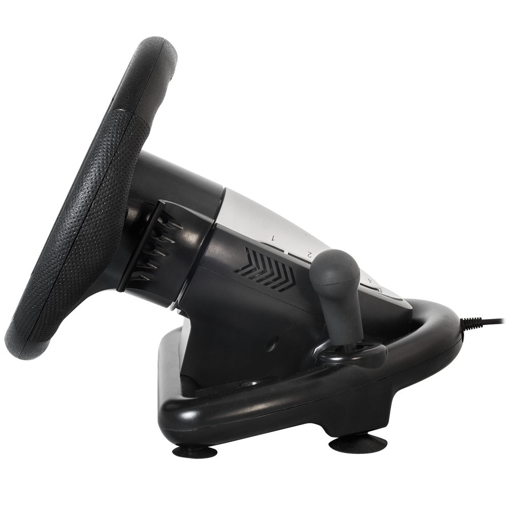 Kierownica do gier, czarna ze srebrnymi akcentami i dźwignią zmiany biegów. Izolowana na biało.