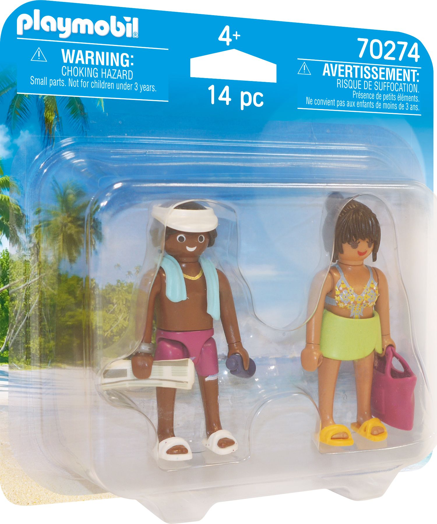Dwie figurki Playmobil w opakowaniu. Znajdują się na plaży z akcesoriami.
