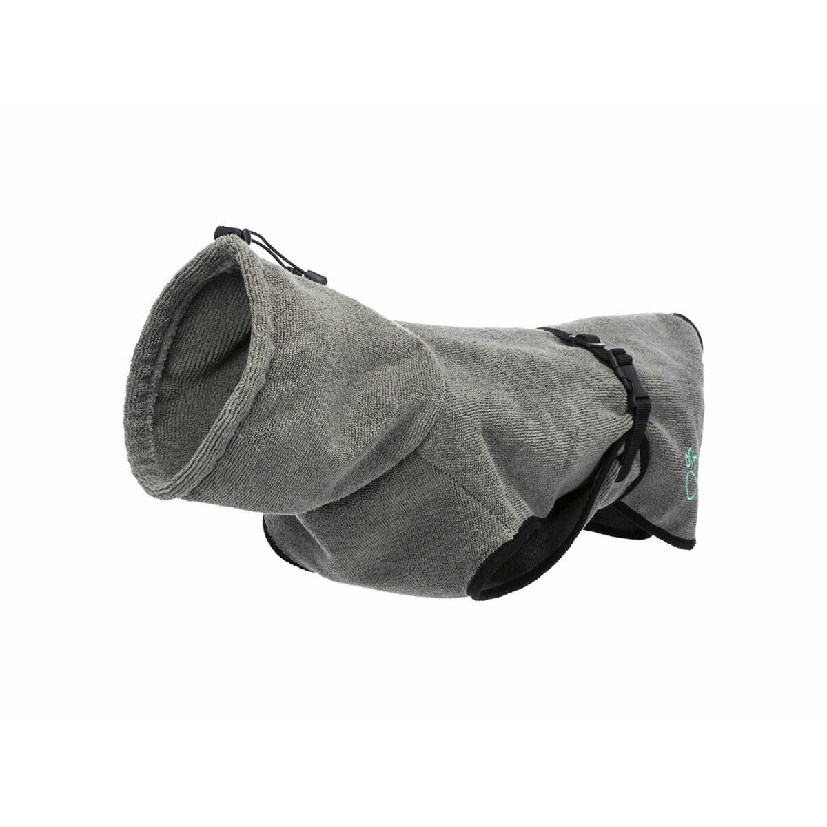 Un cappotto grigio per asciugare i cani, progettato per essere indossato sul corpo del cane, che mostra l'apertura per la testa.