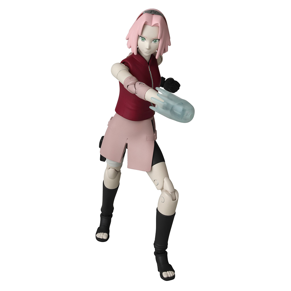 Figura de Sakura Haruno, personaje de anime, en pose de combate. Viste de rojo y rosa.