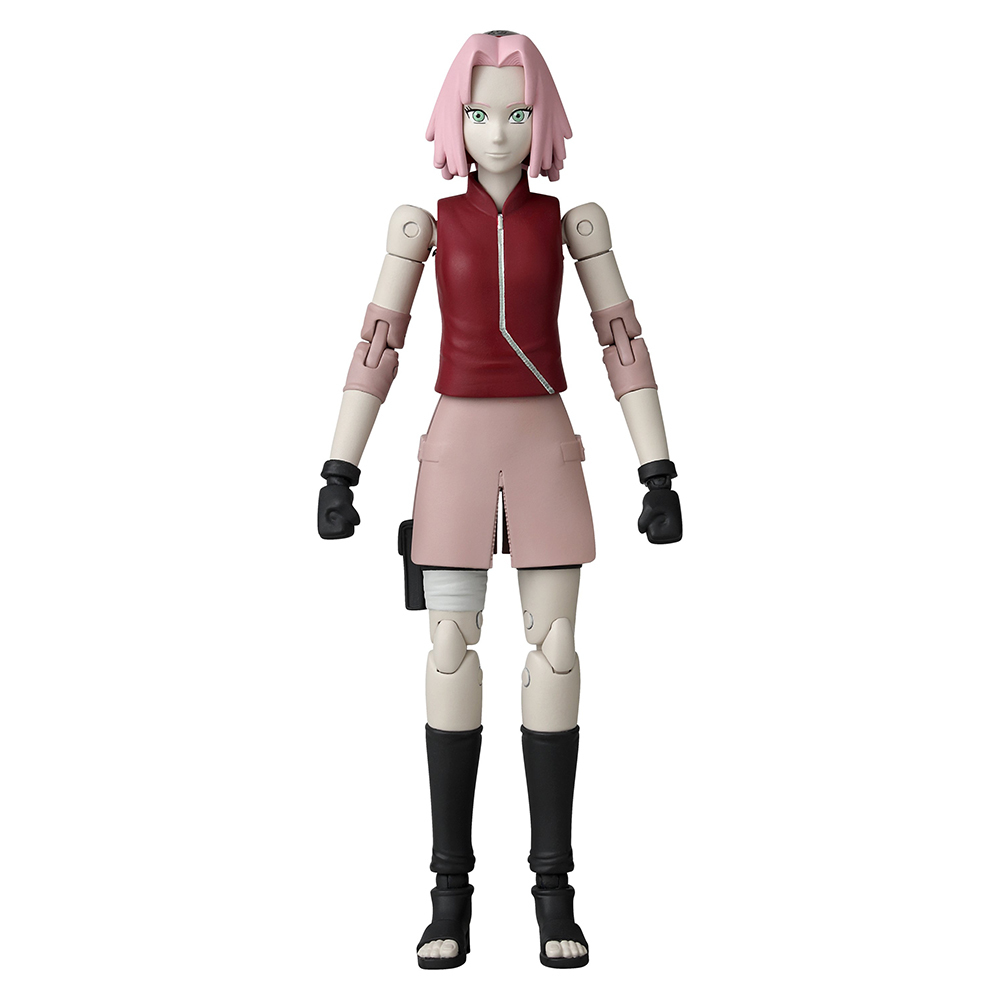 Una figura de acción de Sakura, con chaleco rojo, falda rosa y botas negras. La figura está de pie.