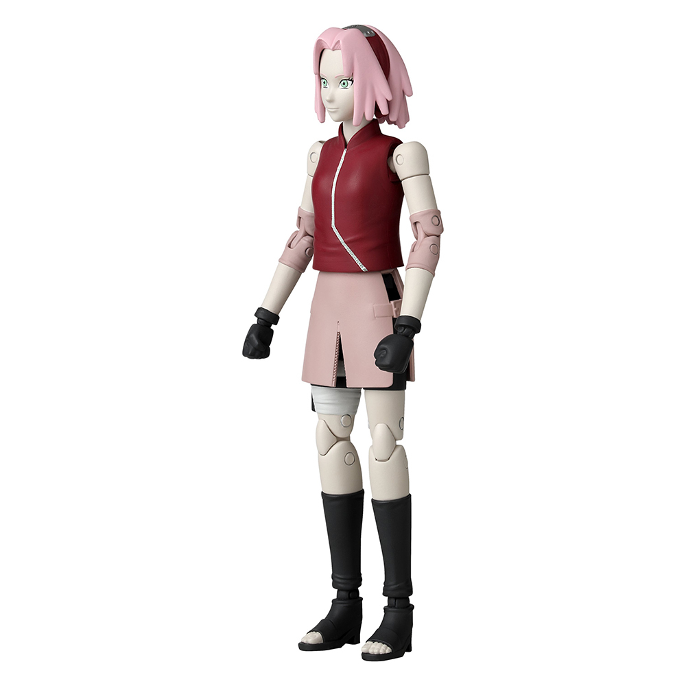 Sakura, figura femenina de anime, con pelo rosa, chaleco rojo y botas negras.