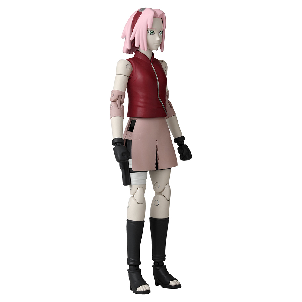 Figura de Sakura con cabello rosado, chaleco rojo, falda rosa, botas negras y una funda para armas. Está de pie.