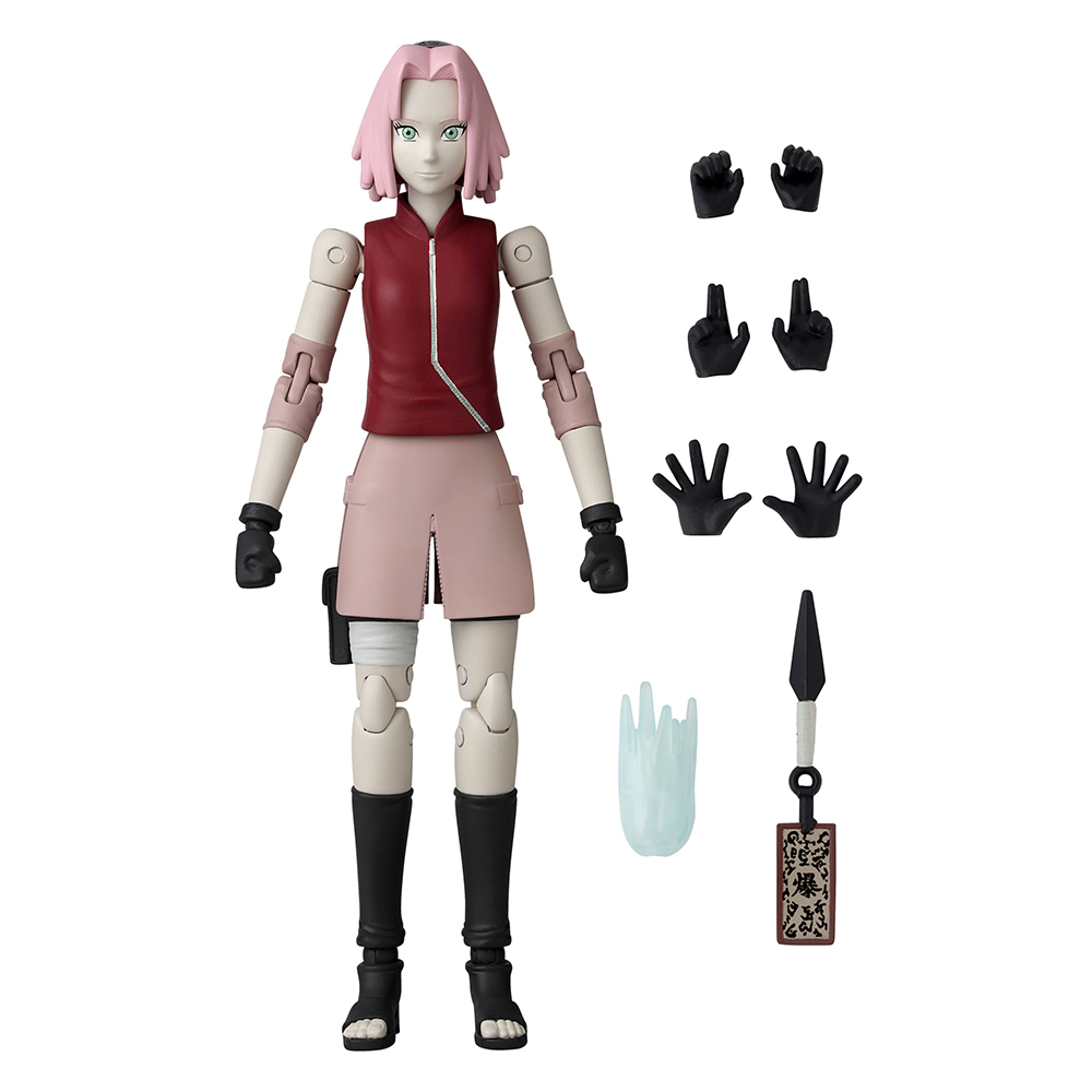 Figura de Sakura con accesorios. Pelo rosa, chaleco rojo, falda rosa, guantes negros y arma.