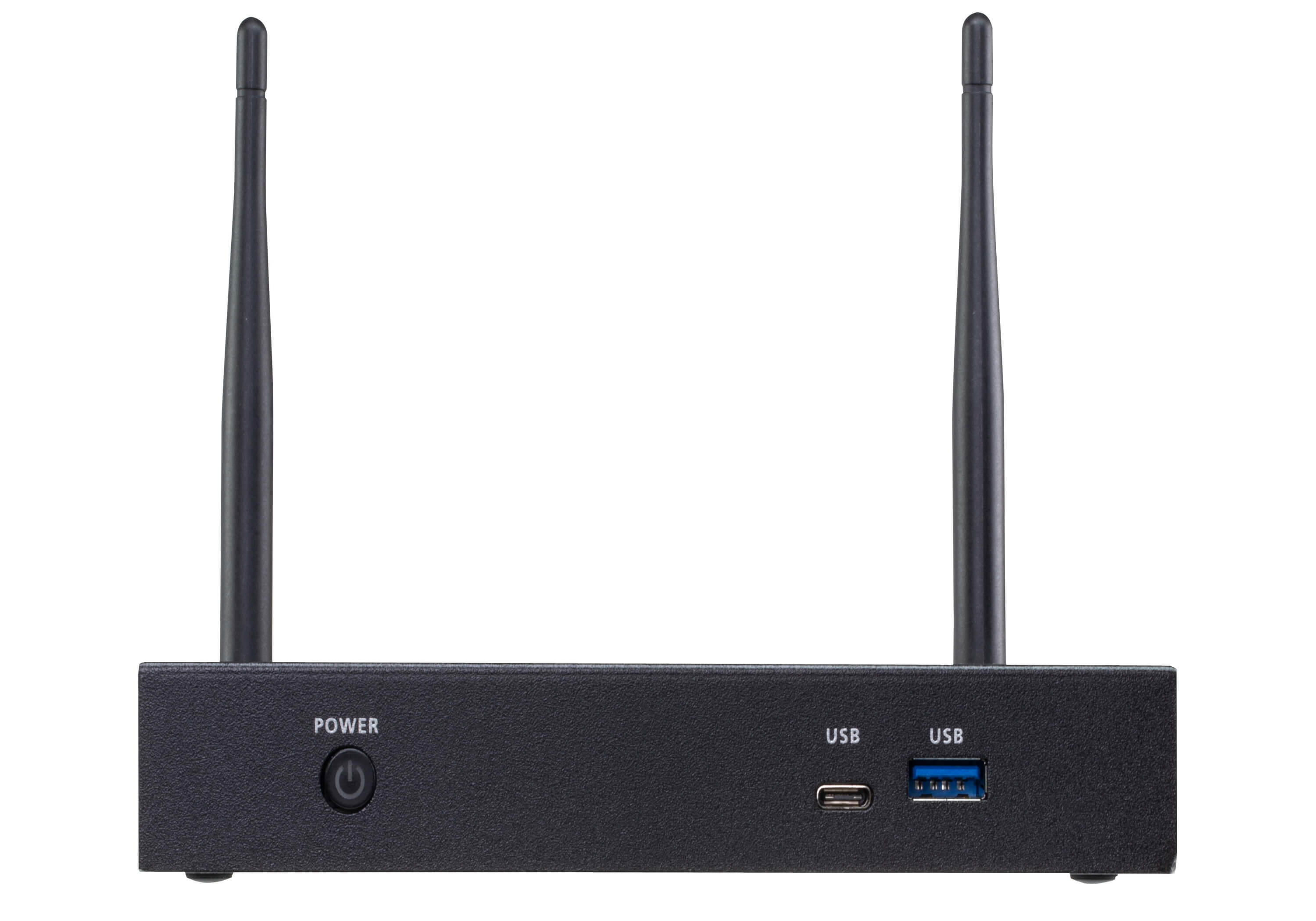 A black device with two antennas, USB ports, and a power button. It is on a white background.