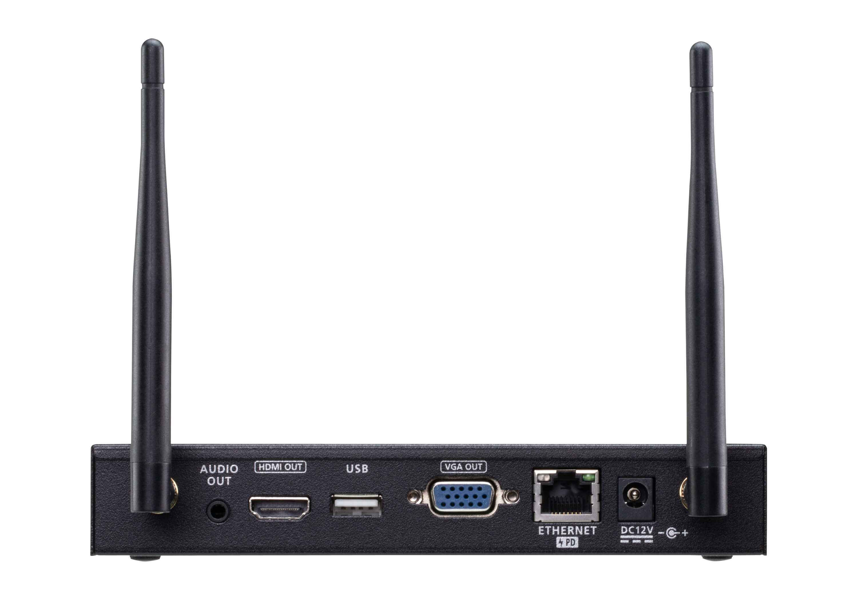 Back of a black device with two antennas, and connection ports.