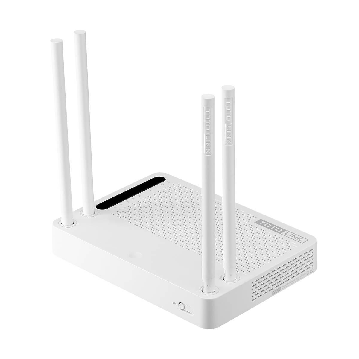 Biały router z czterema antenami na białym tle.