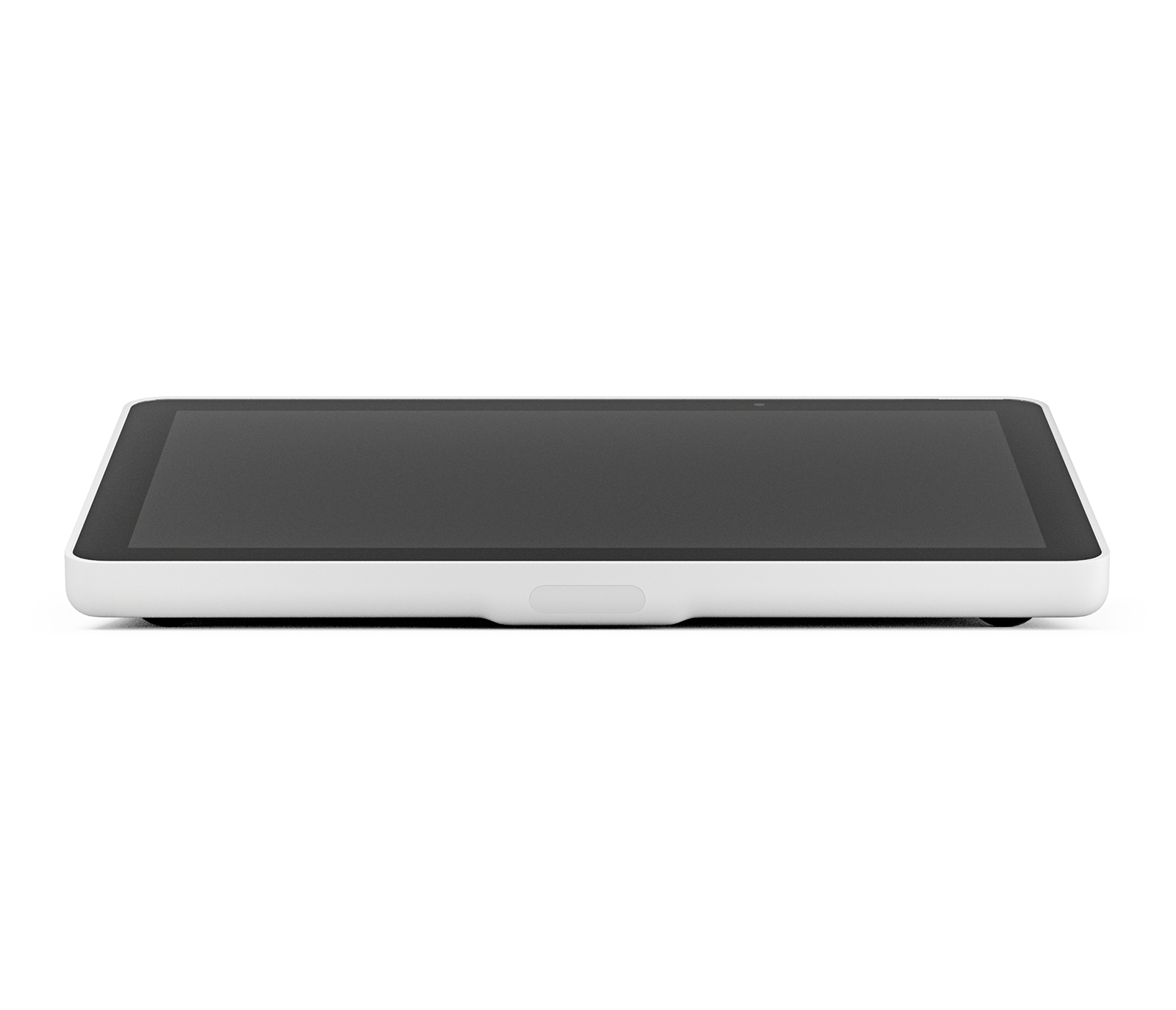Un tablet bianco con schermo nero è visualizzato orizzontalmente su sfondo bianco.