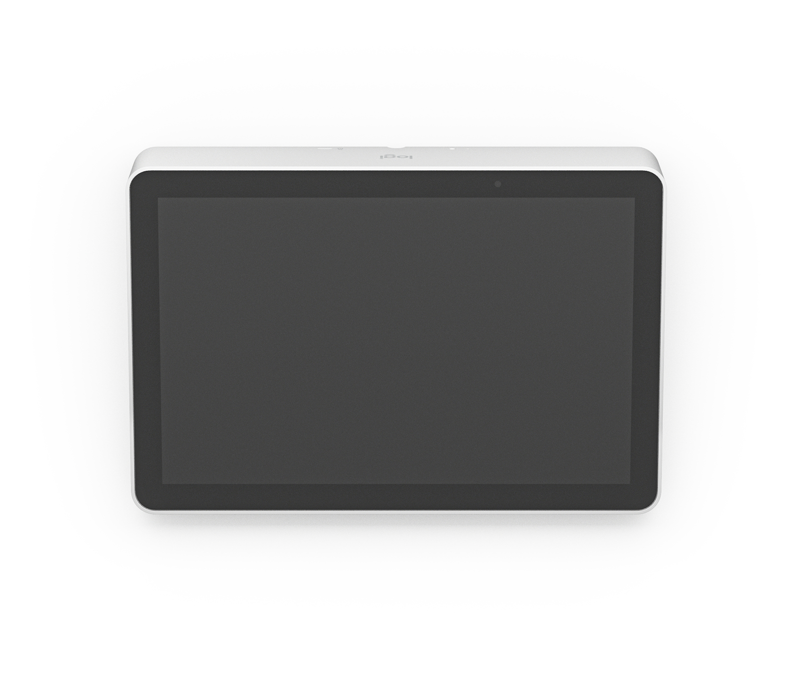 Tablet bianco con schermo nero, vista dall'alto, sfondo bianco.