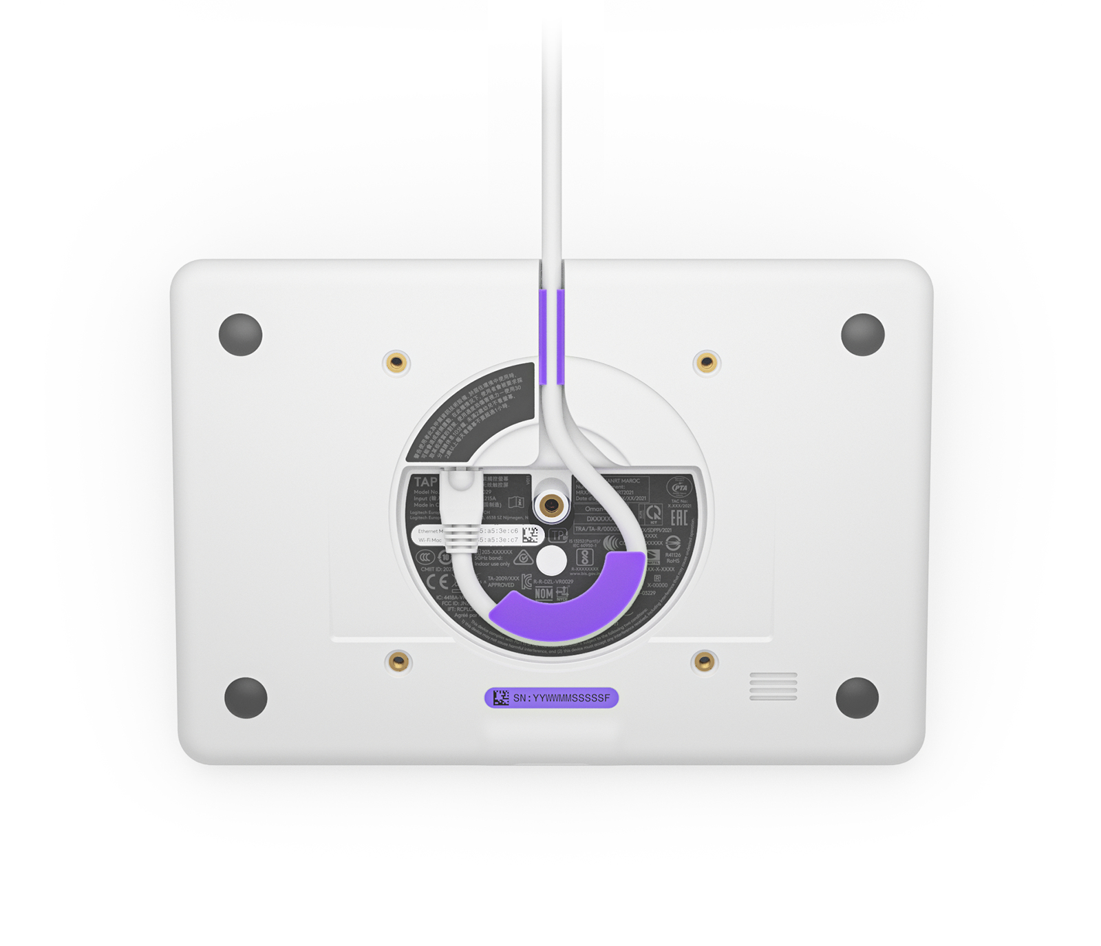 Retro del tablet bianco con porte ed etichette, sfondo bianco.