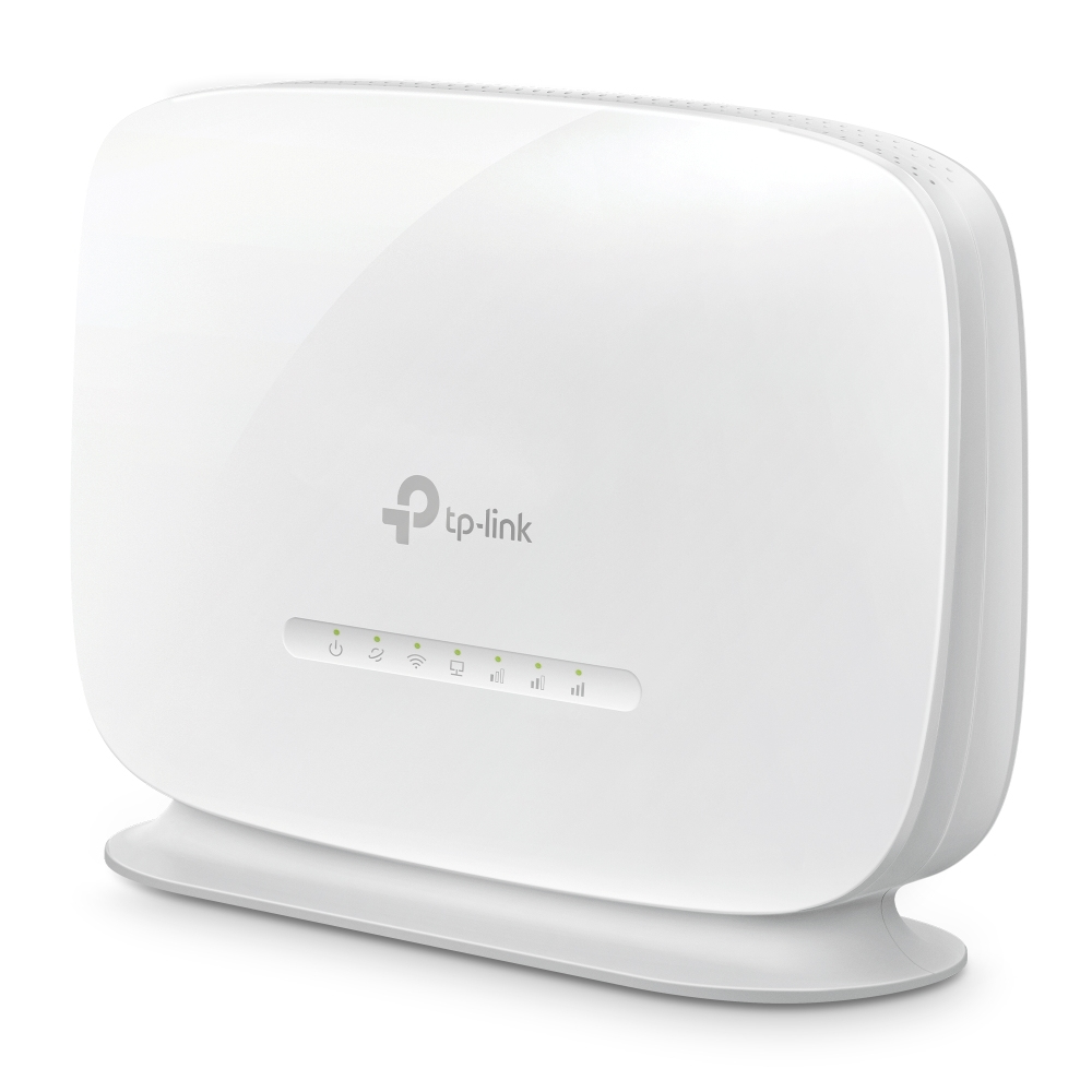 Een witte TP-Link router, vooraanzicht, met verschillende indicatielampjes en een gebogen voet.