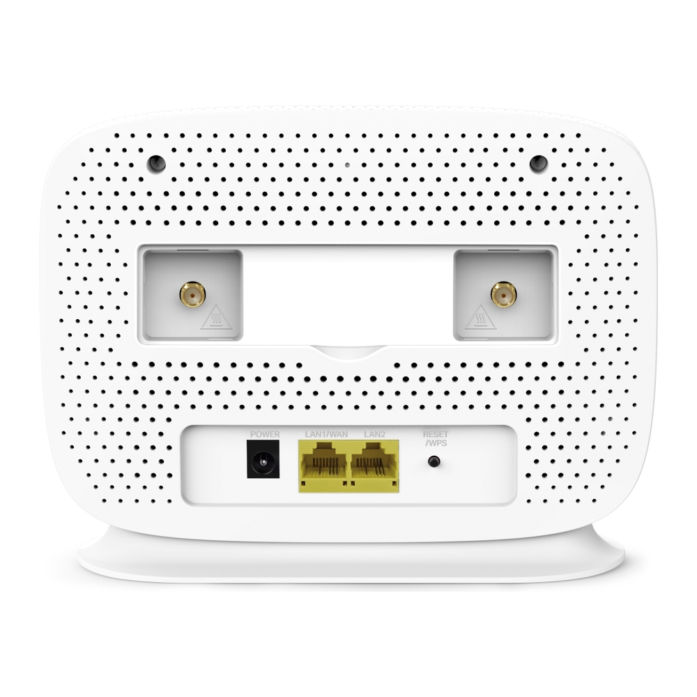 Een witte router, achteraanzicht, met stroom-, LAN- en resetpoorten. Heeft twee antennesleuven.