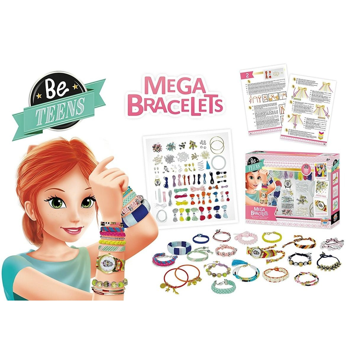 Dziewczyna z rudymi włosami i bransoletkami. Zestaw Mega Bracelets z materiałami do robienia biżuterii.