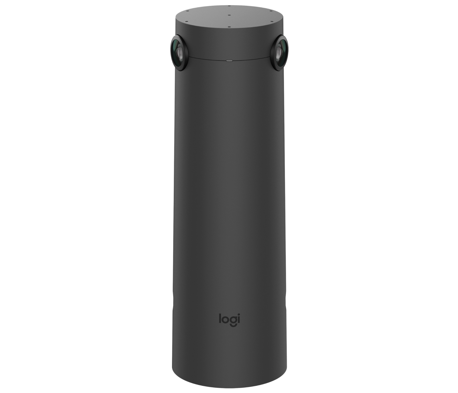 Eine schwarze, zylindrische 360-Grad-Kamera mit dem Logi-Logo auf der Vorderseite.