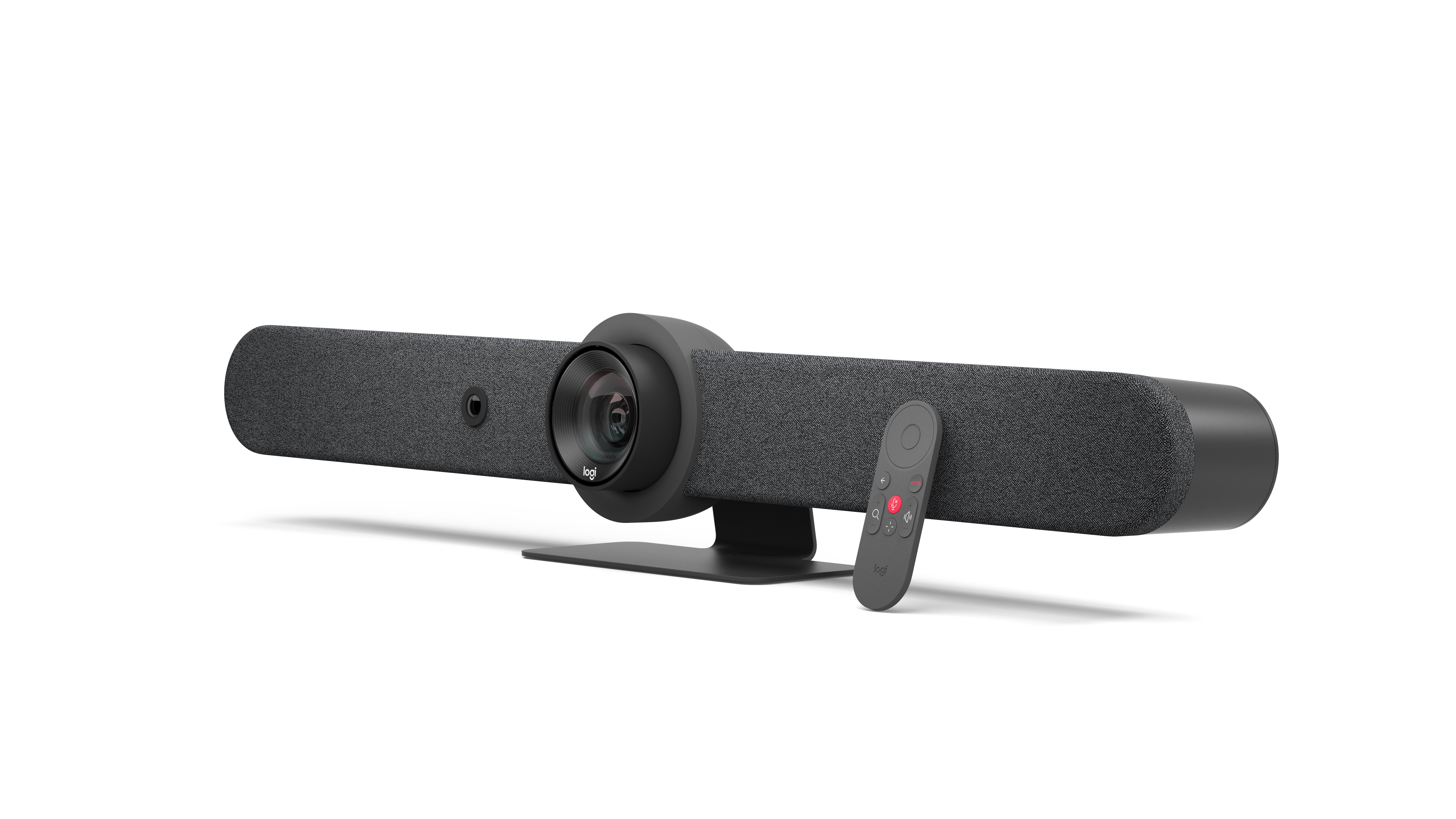 Logitech Videoleiste, schwarz, auf Ständer montiert, Fernbedienung vorne. Weißer Hintergrund, modernes Design.
