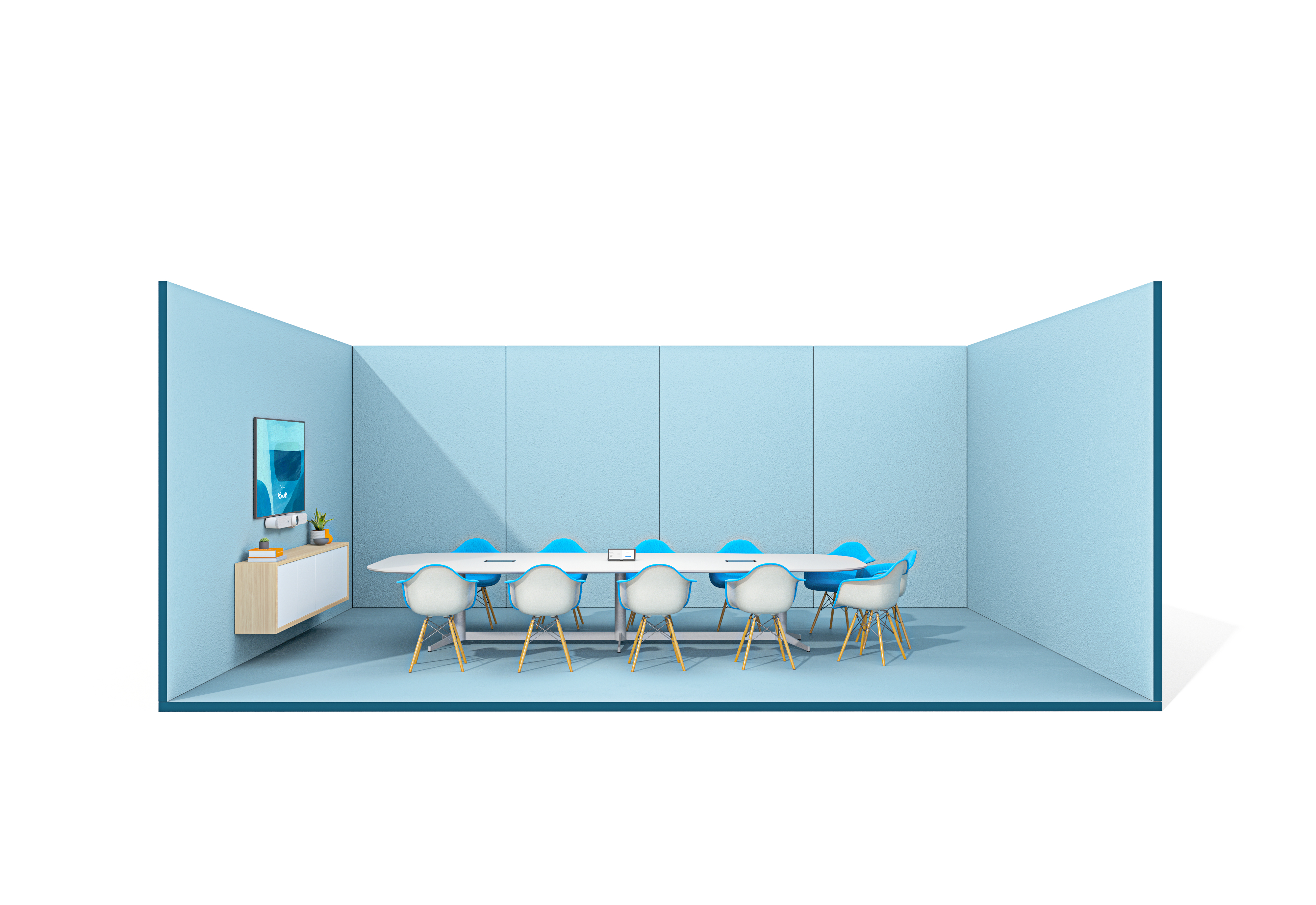 Ein Besprechungsraum mit weißem Tisch und blauen Stühlen. Ein Wandbildschirm und ein weißer Schrank befinden sich links.