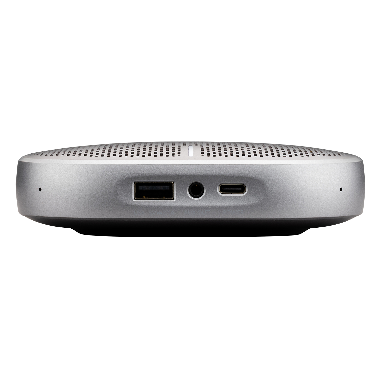 Un dispositivo grigio a forma ovale con porte USB, jack audio e USB-C. Parte superiore perforata.