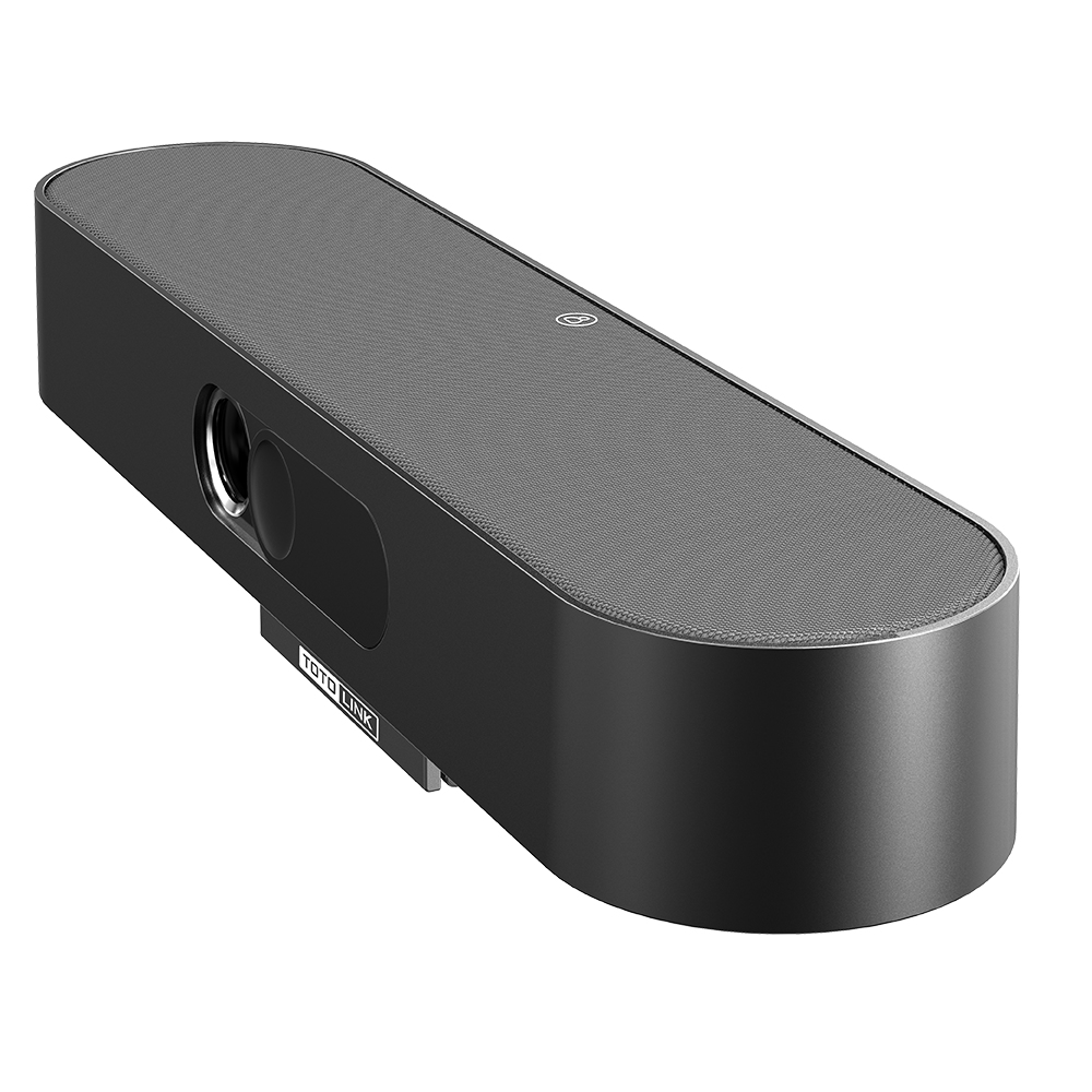 Una soundbar nera con una parte superiore a rete e un obiettivo della fotocamera.