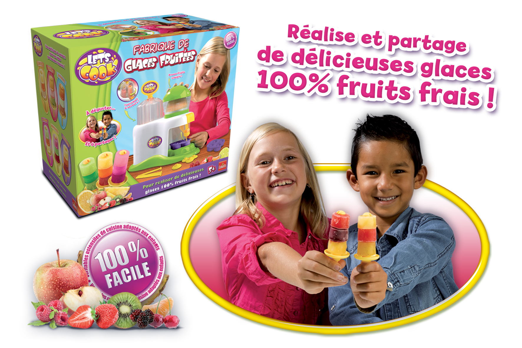 Zestaw zabawek w pudełku. Dwoje dzieci trzyma lody. Tekst mówi: 'Rób i dziel się pysznymi lodami ze 100% świeżych owoców!'