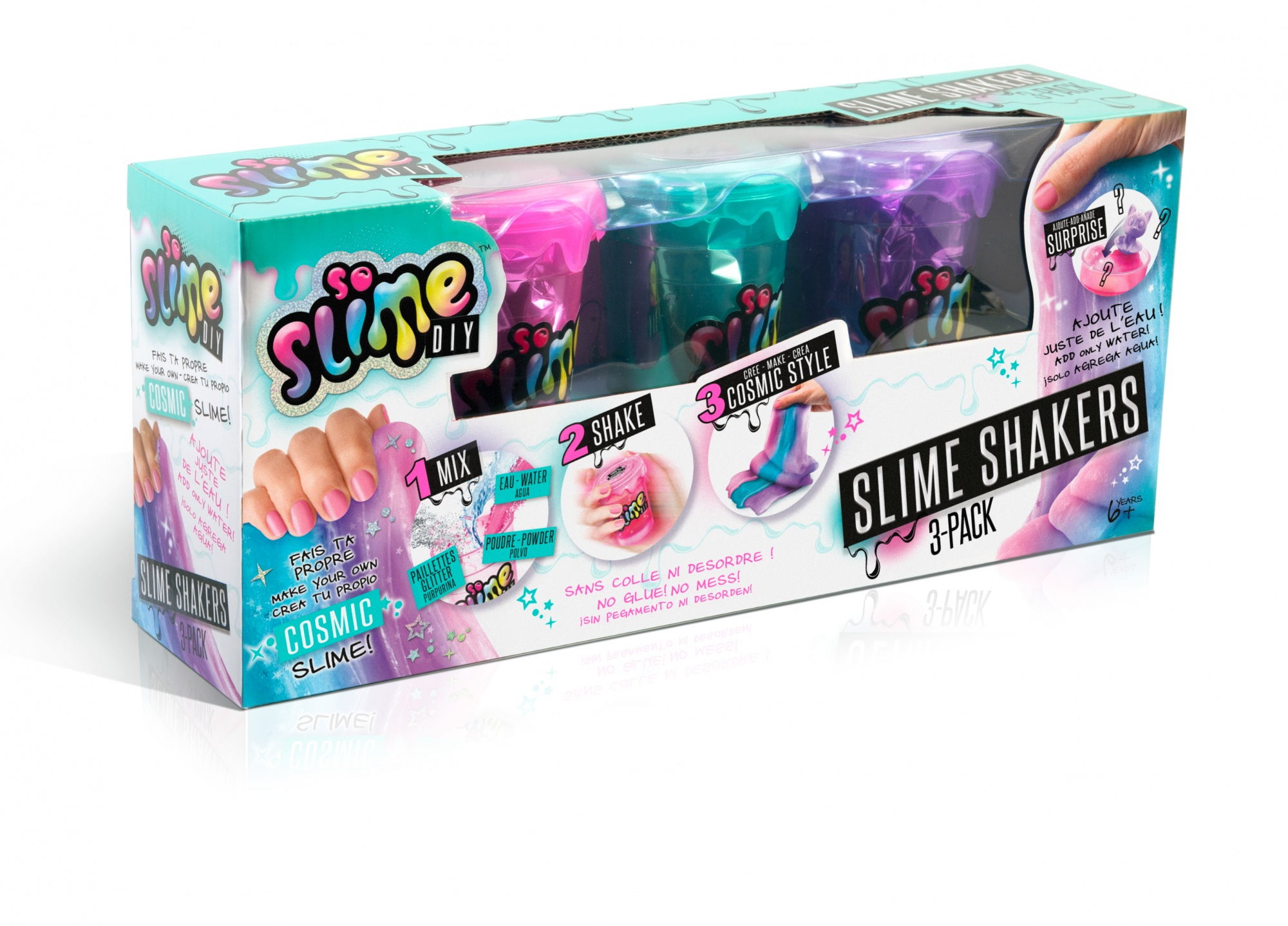Pudełko So Slime DIY Slime Shakers. W środku znajdują się 3 kubki ze slime. Na pudełku napisano 'Cosmic Slime!'