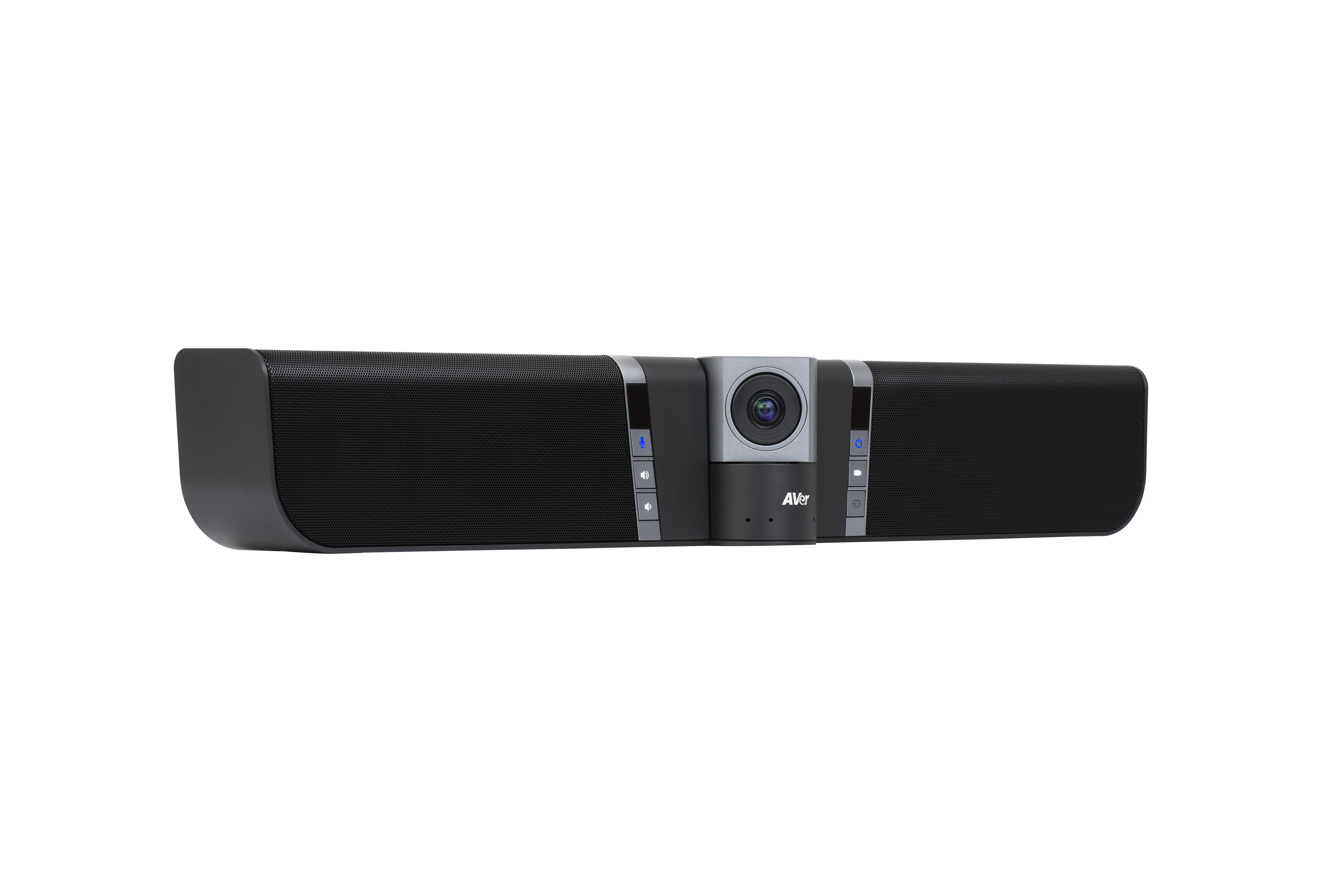 Una barra per videoconferenze nera con una telecamera al centro. Lo sfondo è bianco.