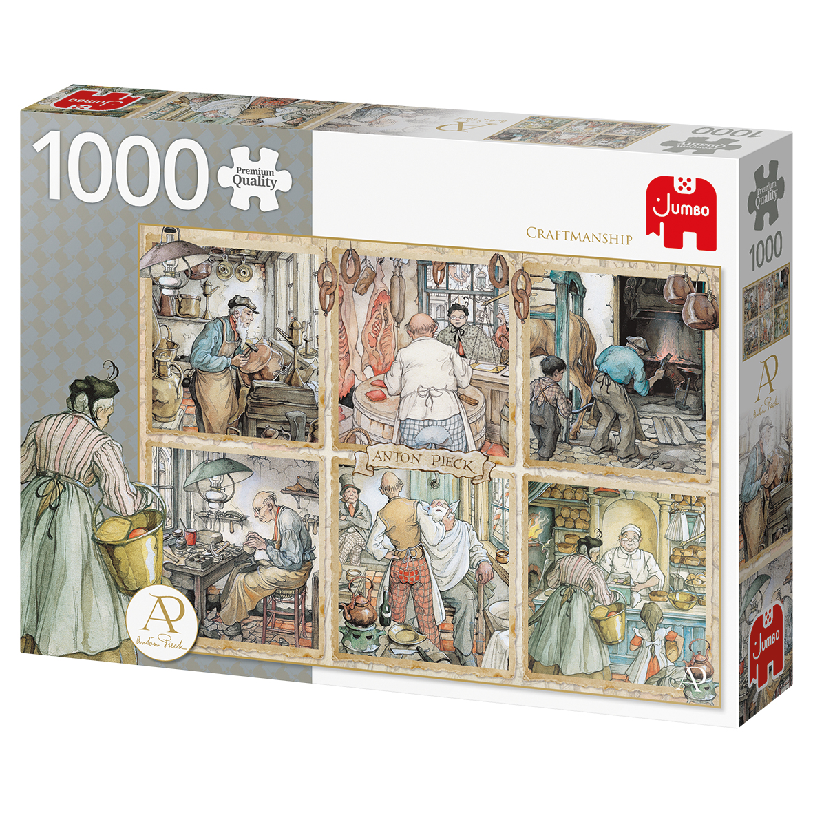 Caja de rompecabezas con ilustraciones que representan una escena de carnicería vintage con múltiples figuras.