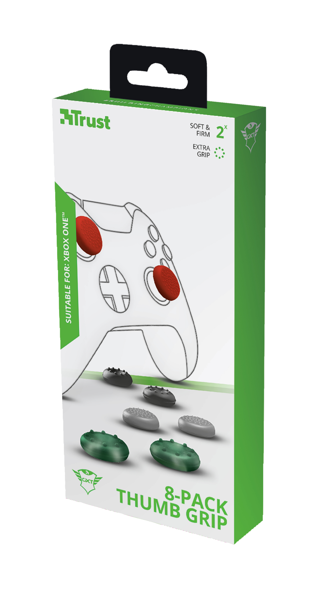 Pudełko na uchwyt kciuka do kontrolera gier, białe z czerwonymi i zielonymi uchwytami. Na pudełku napis "Trust".
