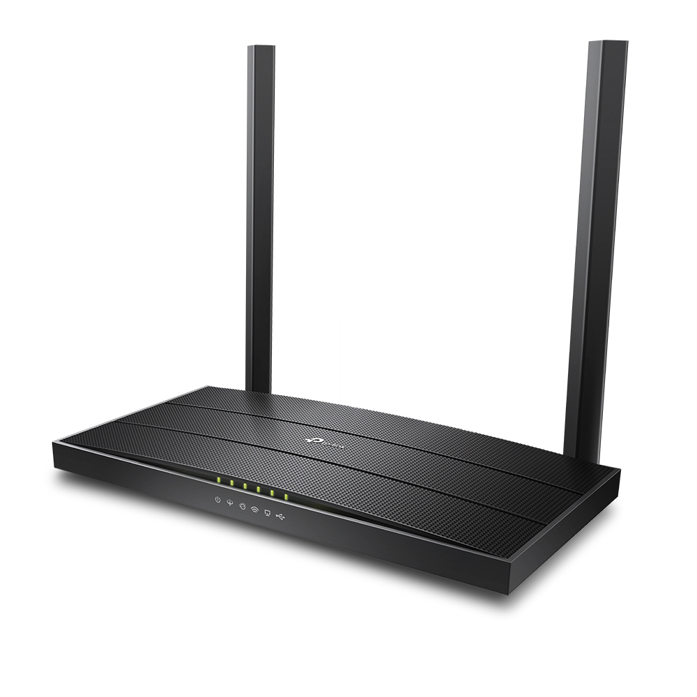 Czarny router TP-Link z dwiema antenami. Leży na białej powierzchni.