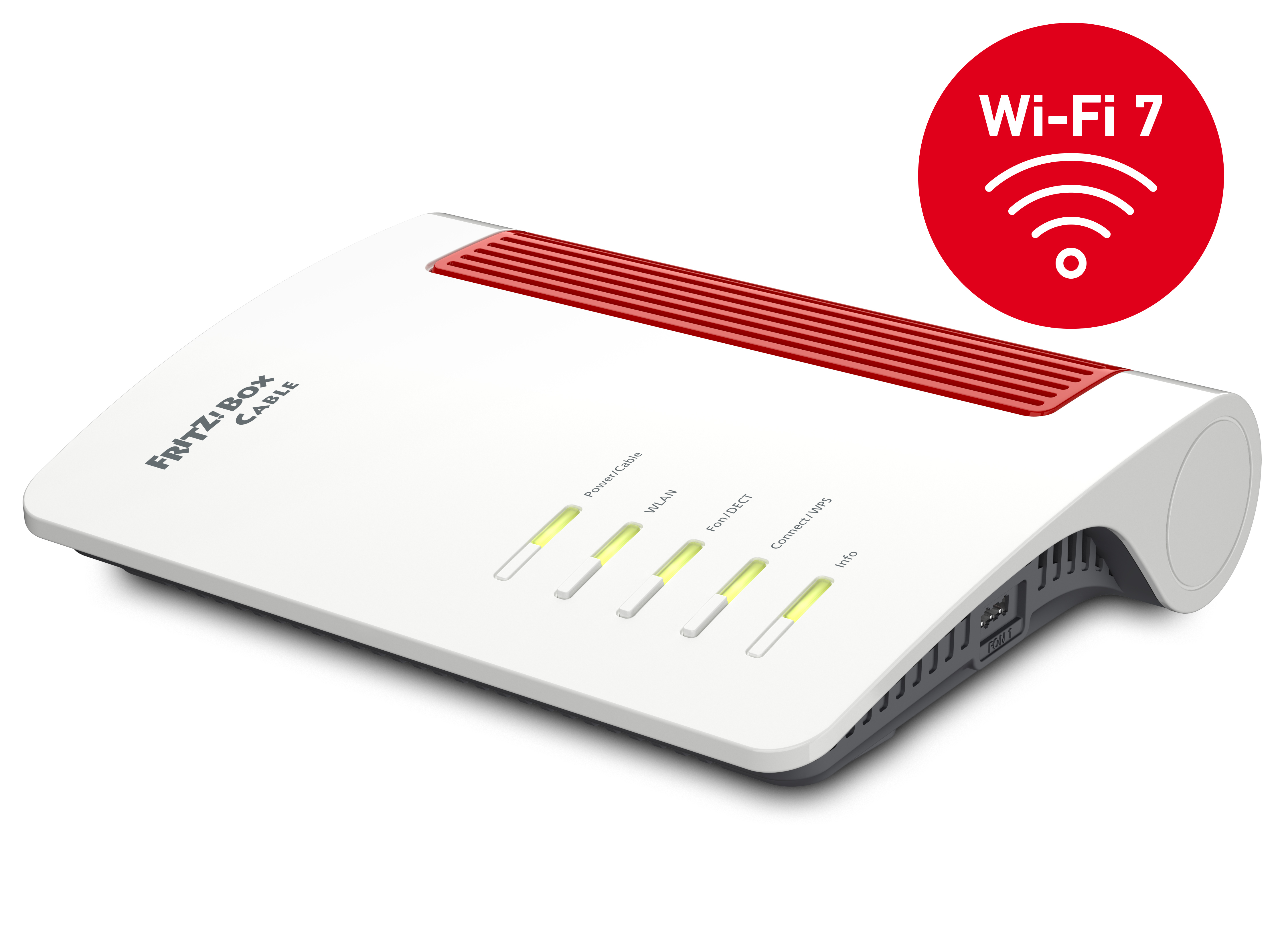 Witte en rode FritZ!Box Cable router. Rood Wi-Fi 7 logo. Stroom-, WLAN- en Connect-lampjes aan.