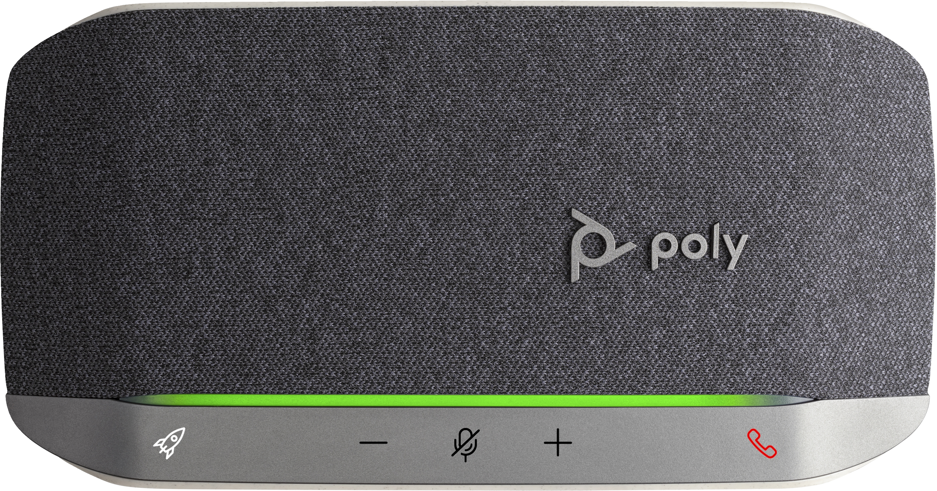 Vivavoce Poly con controlli touch e luce verde. Tessuto grigio con logo Poly.