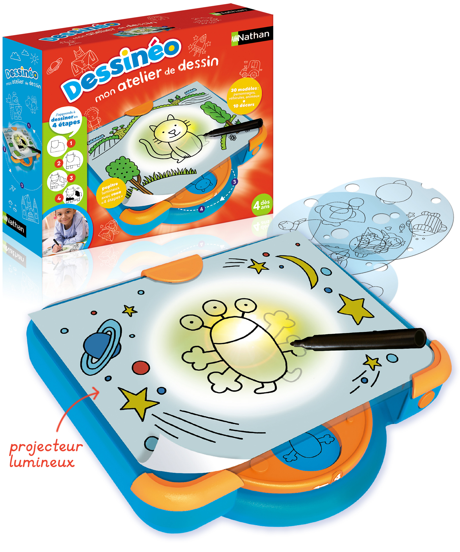 Zestaw do rysowania z podświetlaną tablicą, szablonami i długopisem. Na pudełku kot.