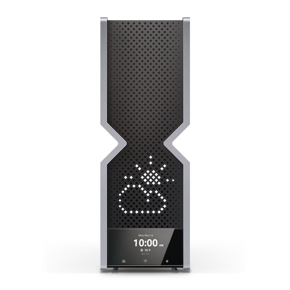 Wysokie czarno-srebrne urządzenie. Ma ekran z godziną. Z logo.