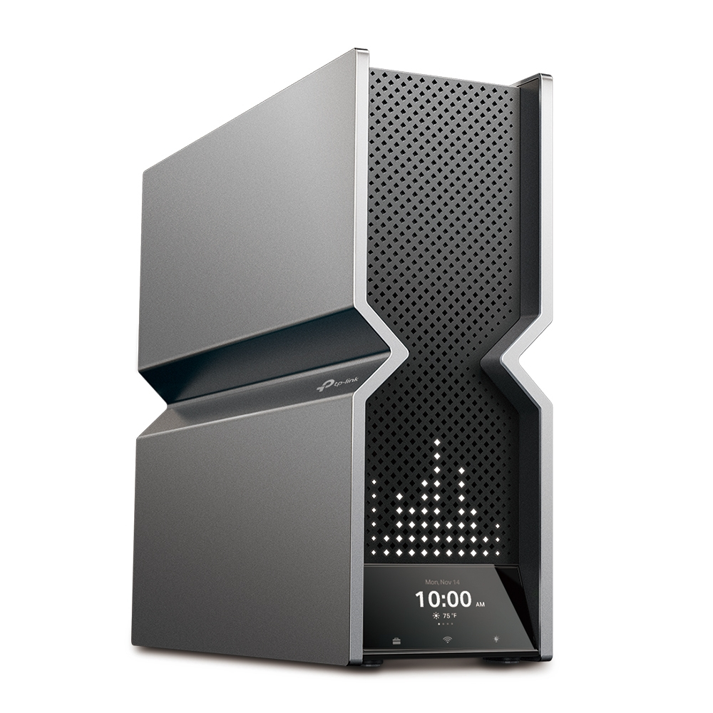 Czarny i szary router TP-Link z cyfrowym wyświetlaczem pokazującym godzinę i temperaturę.