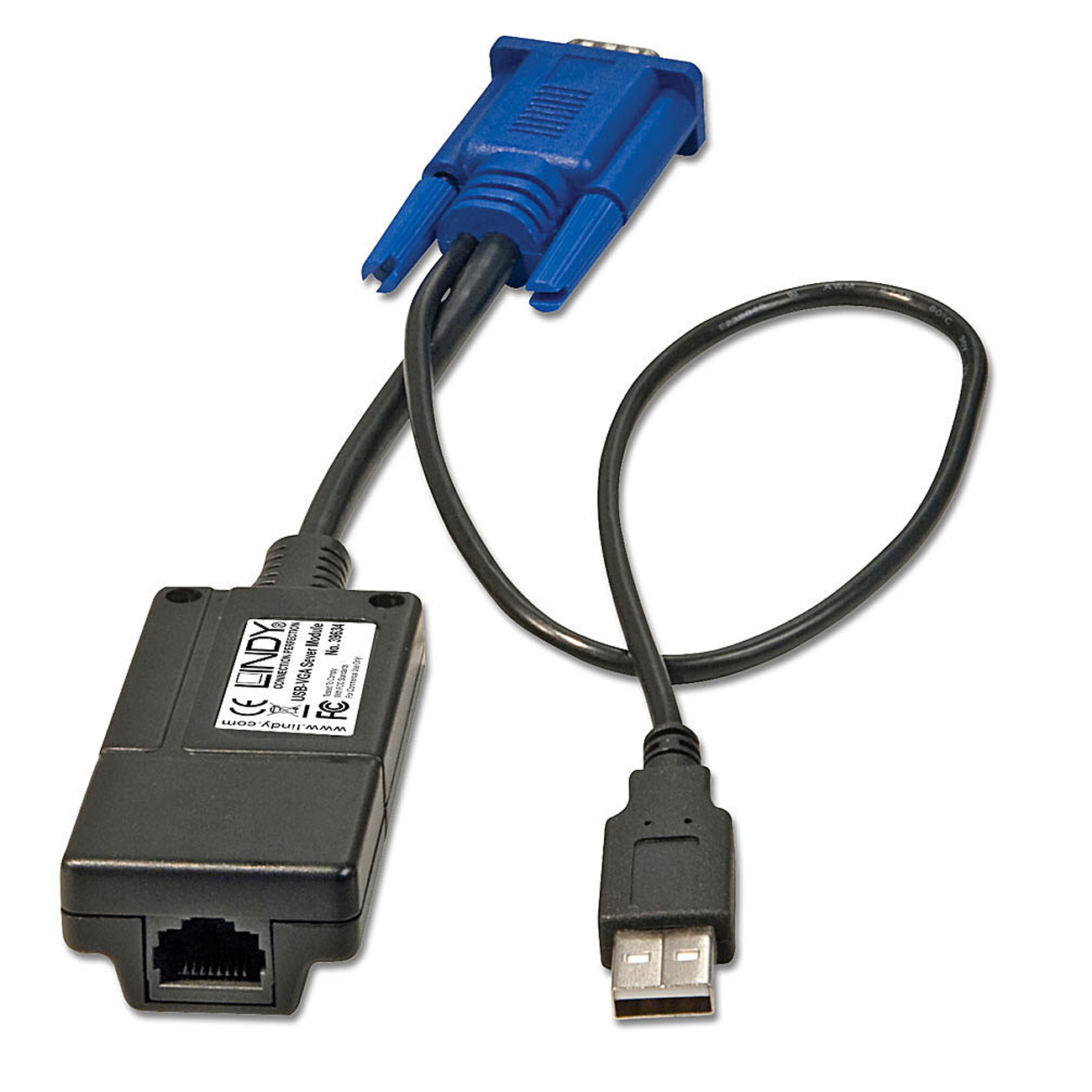 Adattatore da USB a VGA con cavi, nero e blu, su sfondo bianco.
