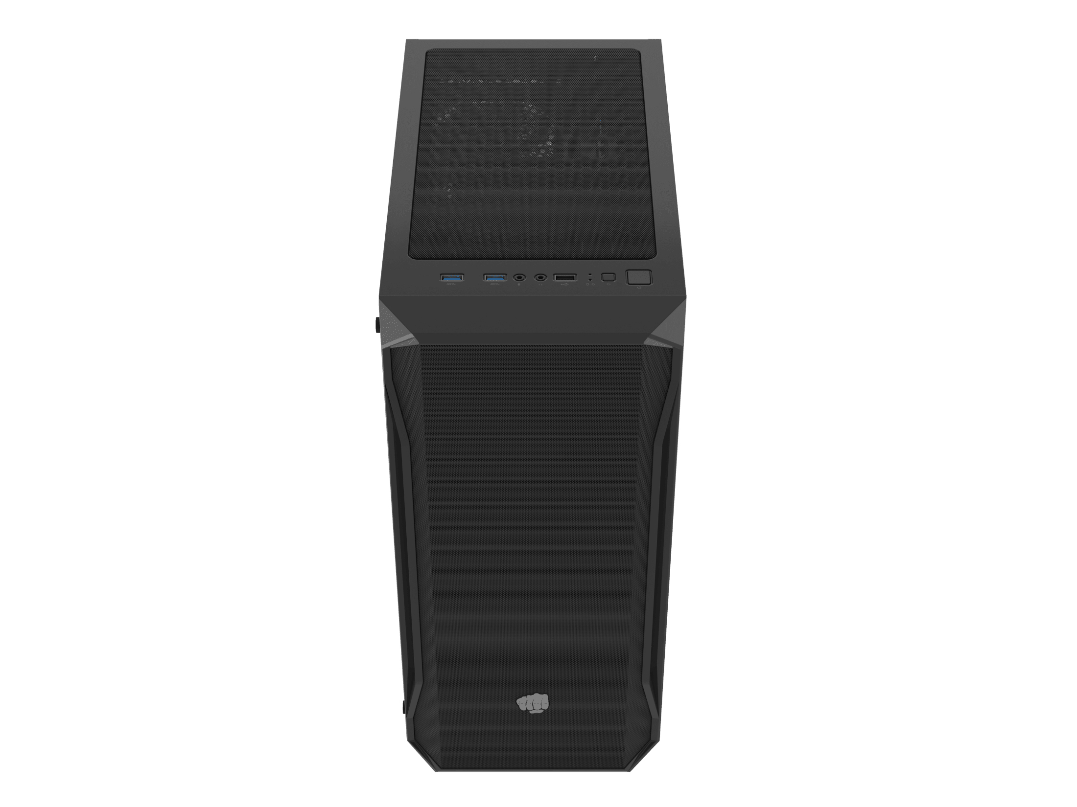 Czarna obudowa komputera, stojąca. Przód ma siatkową konstrukcję.