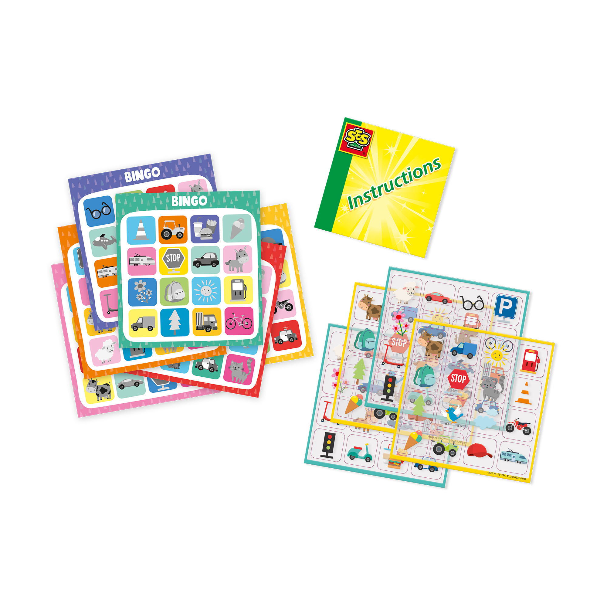 Bingokaarten met kleurrijke illustraties van verschillende voertuigen en verkeersborden.