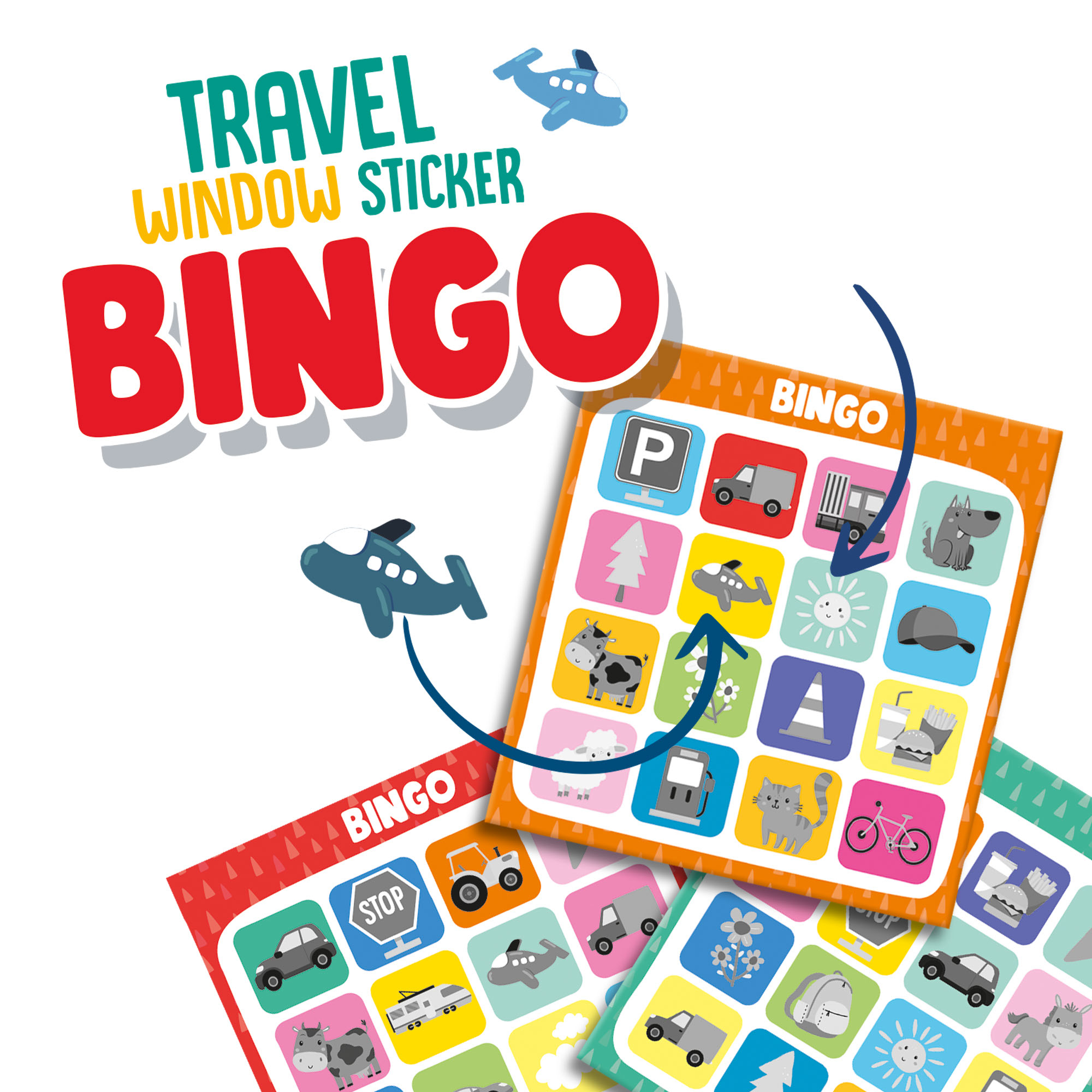 Een Travel Window Sticker Bingo kaartspel met vliegtuig- en bingobeelden.