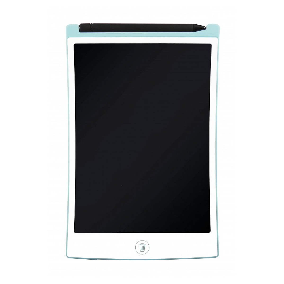 Biała tablica do rysowania z czarnym rysikiem i ikoną kosza, na białym tle.