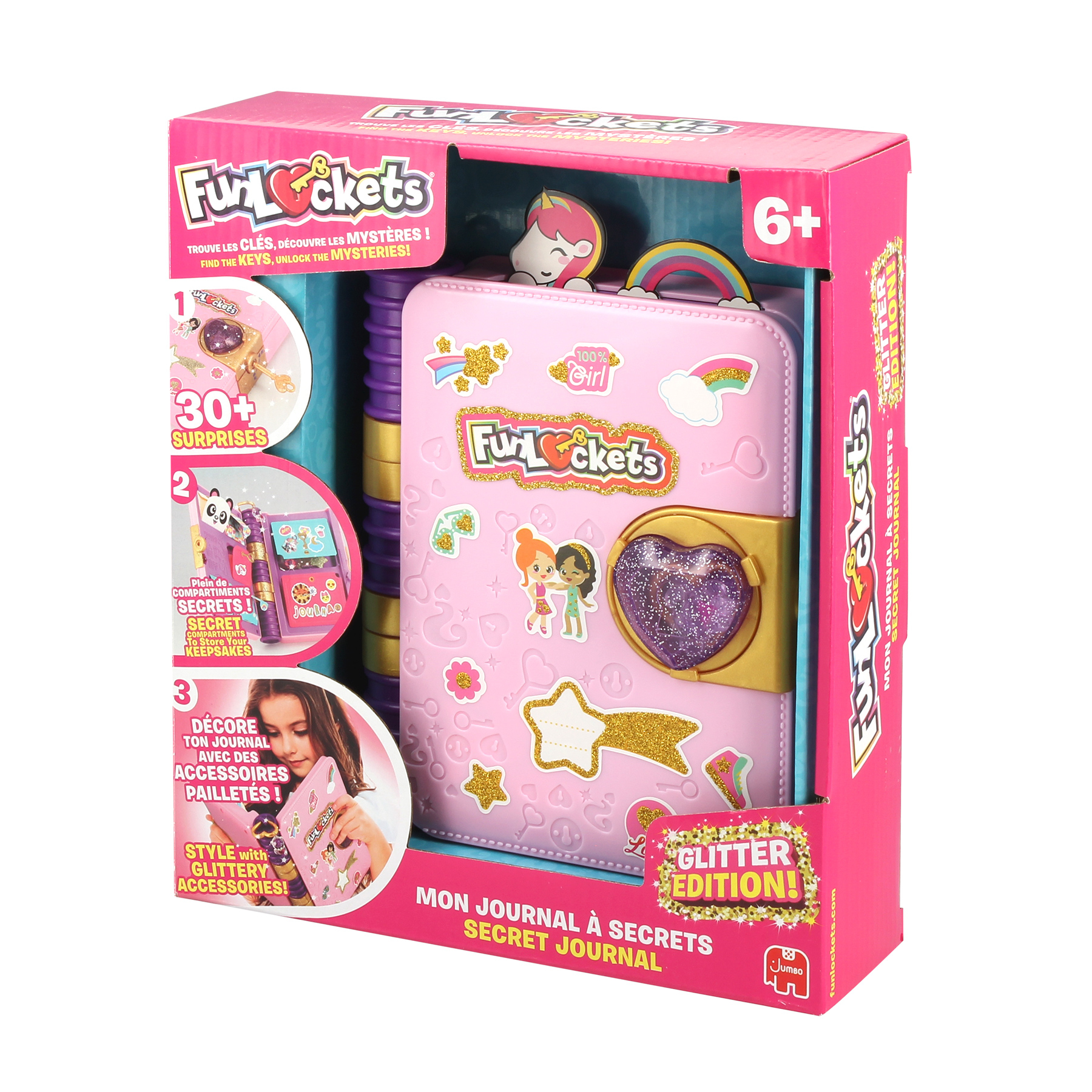 Zestaw sekretnego pamiętnika w pudełku z różową okładką, naklejkami i zamkiem. Przedstawia dziewczynkę i jednorożca.