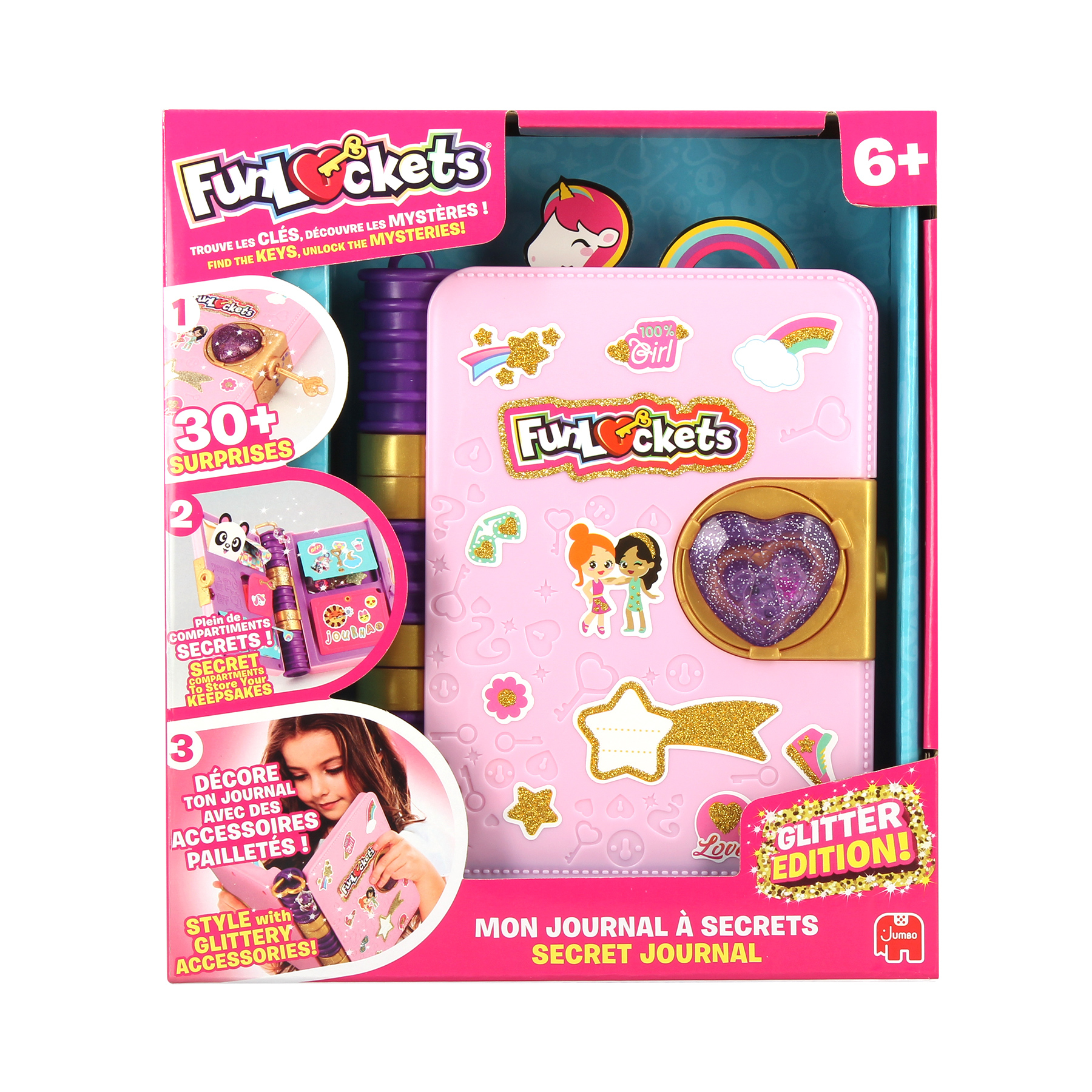 Różowy pamiętnik z zapięciem w kształcie serca, otoczony naklejkami i dziewczynką w rogu.