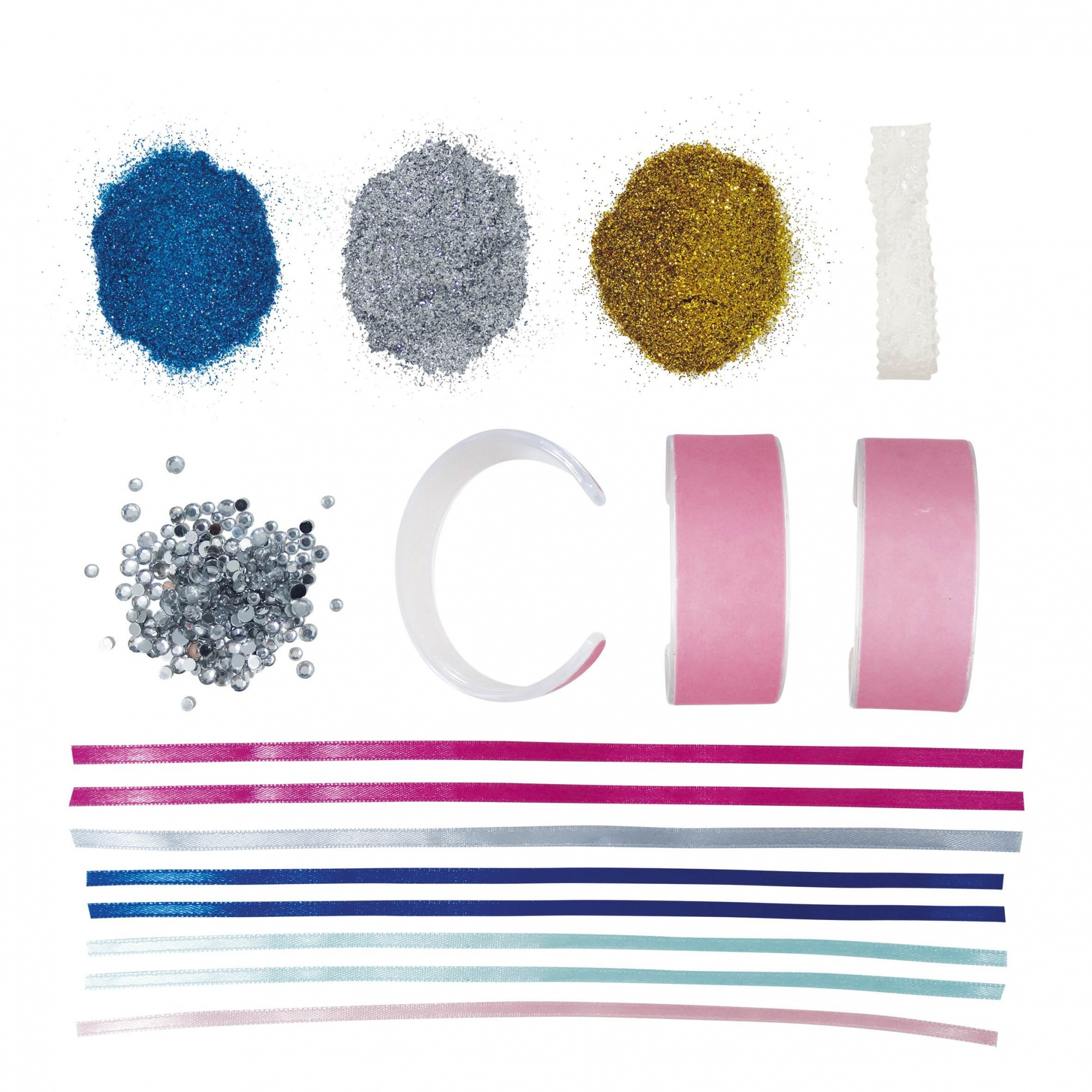 Brokat, koraliki i wstążki do artykułów artystycznych. Widoczne są różne kolory.