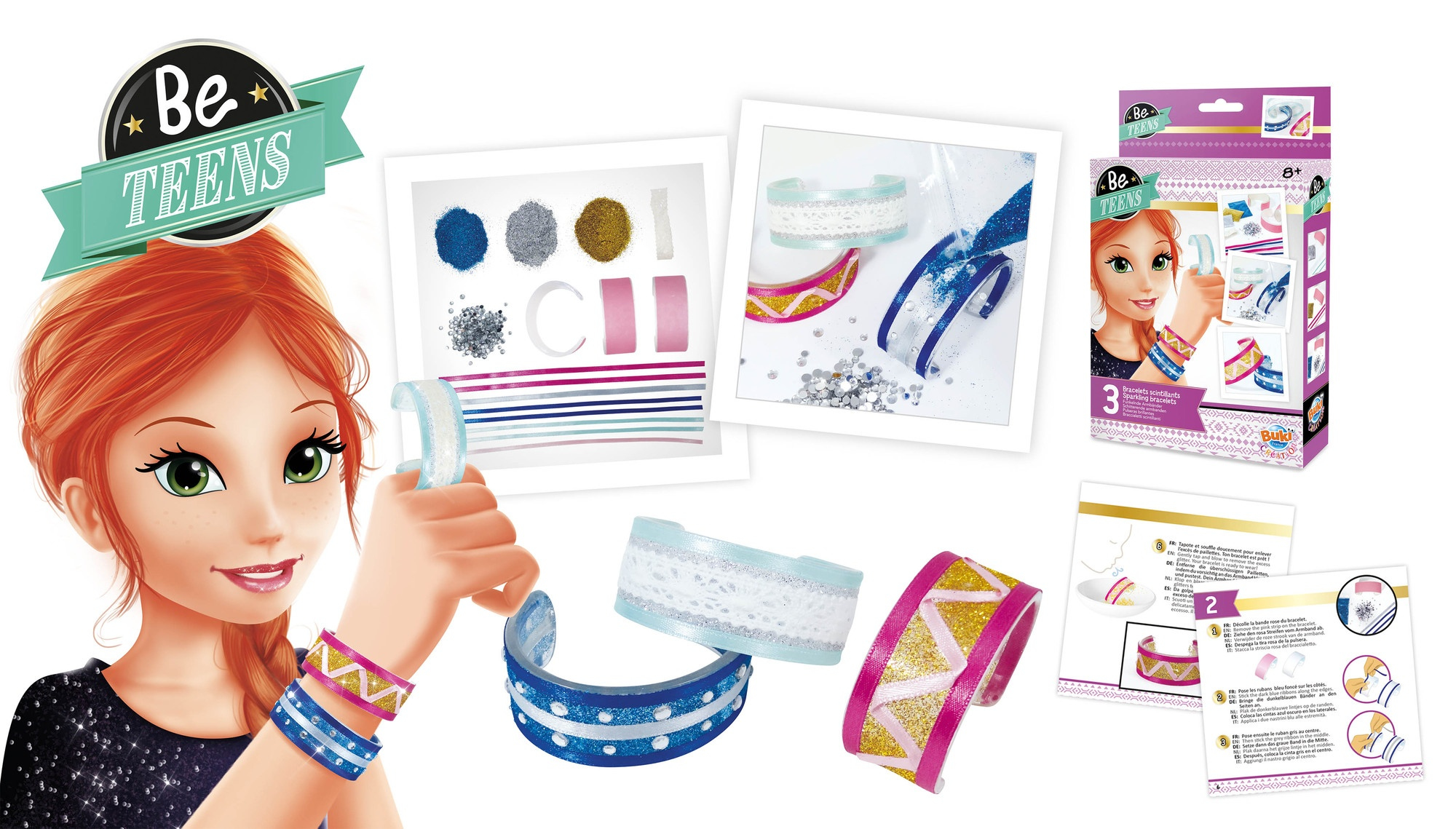 Zestaw rzemieślniczy Be Teens. Zawiera dziewczynę z bransoletkami, materiały rzemieślnicze i przykłady gotowych bransoletek.