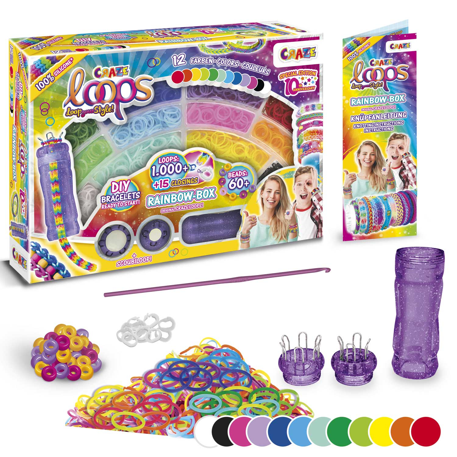 Craze Loops Rainbow-Box készlet színes gumiszalagokkal és kiegészítőkkel.