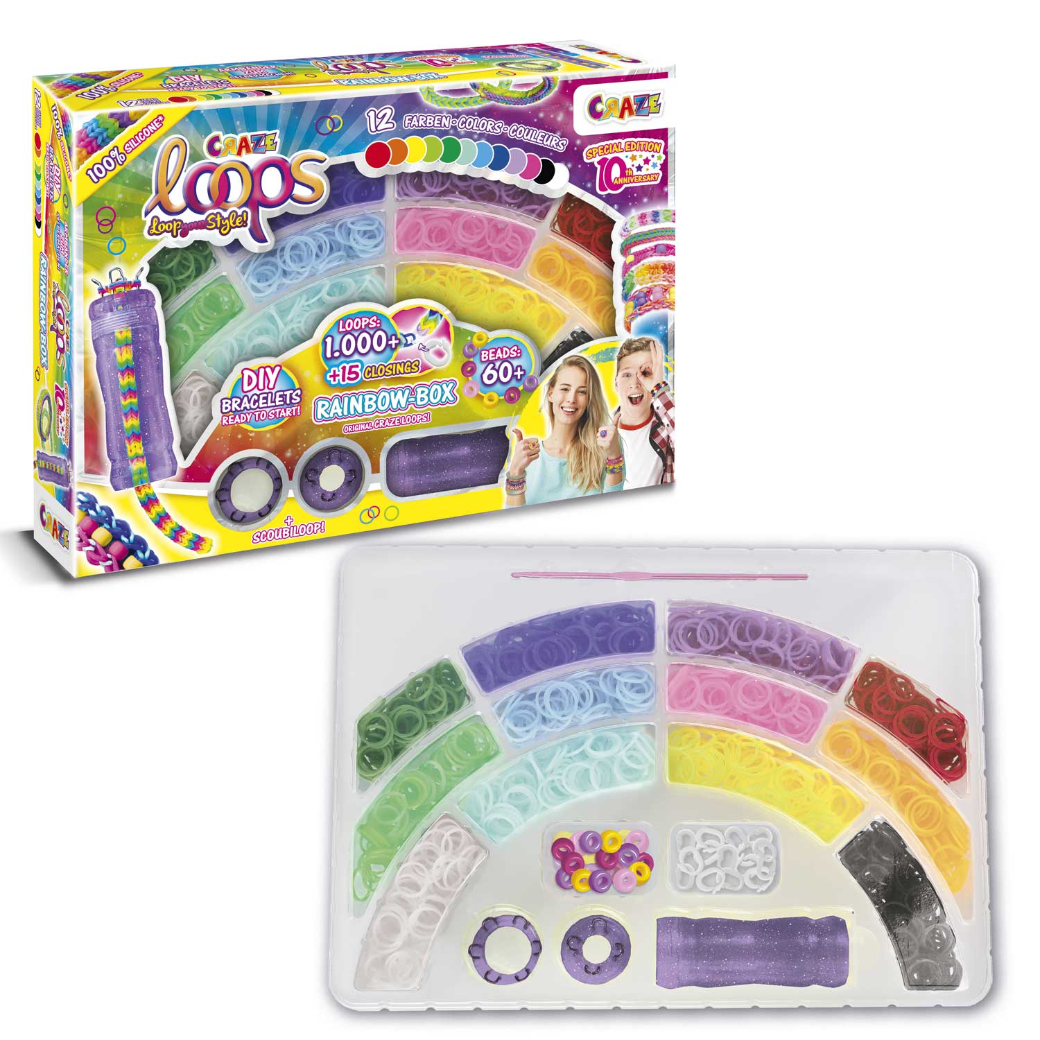 Craze Loops Rainbow Box színes gumiszalagokkal és gyöngyökkel. A doboz egy mosolygó gyermeket mutat.