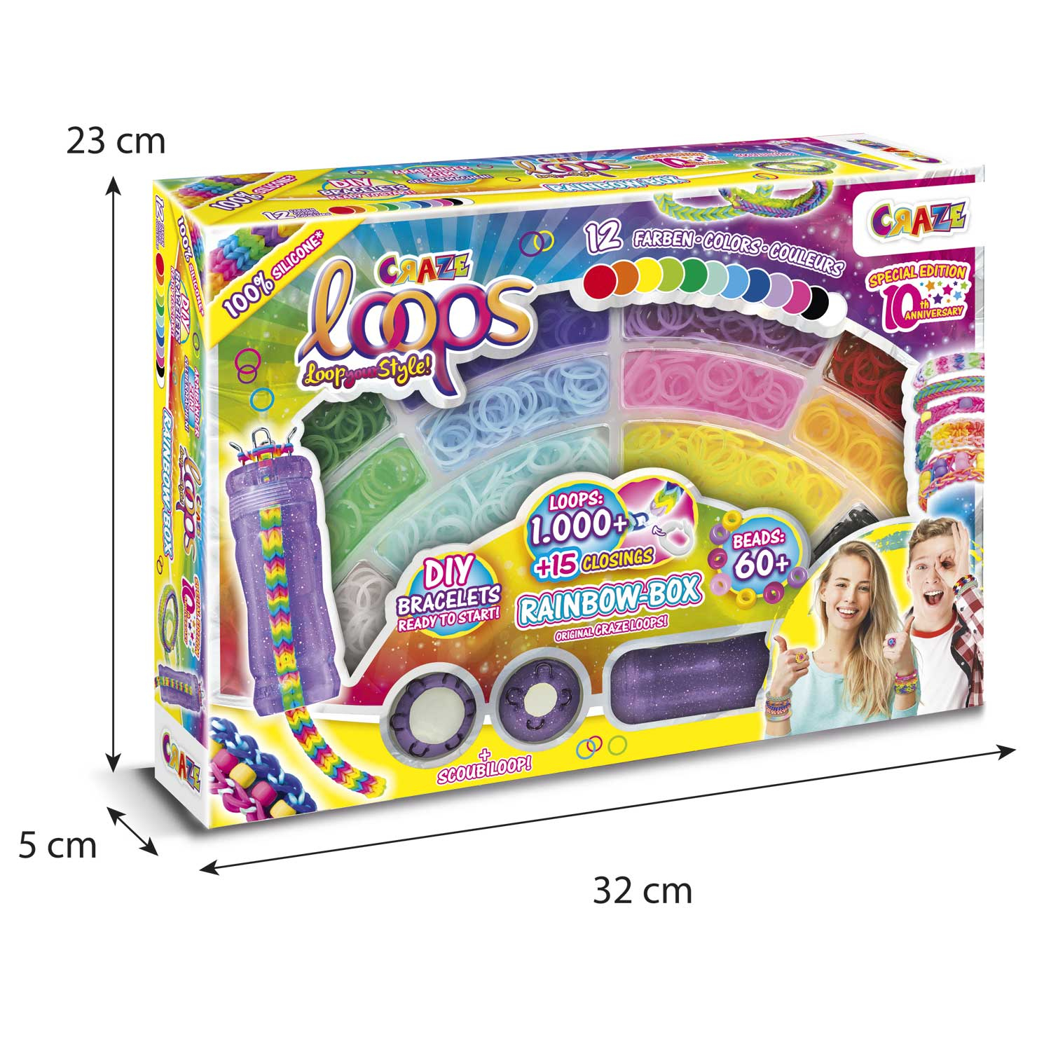 Színes Craze Loops DIY karkötő készlet doboz, méretekkel, karkötők és emberek képeivel.