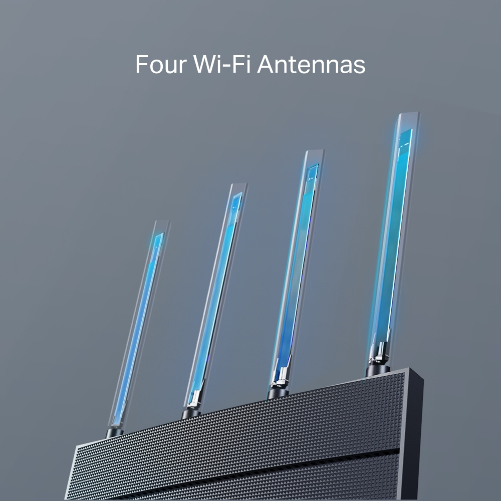 Vier wifi-antennes die oprijzen uit een zwarte basis tegen een blauwe achtergrond.