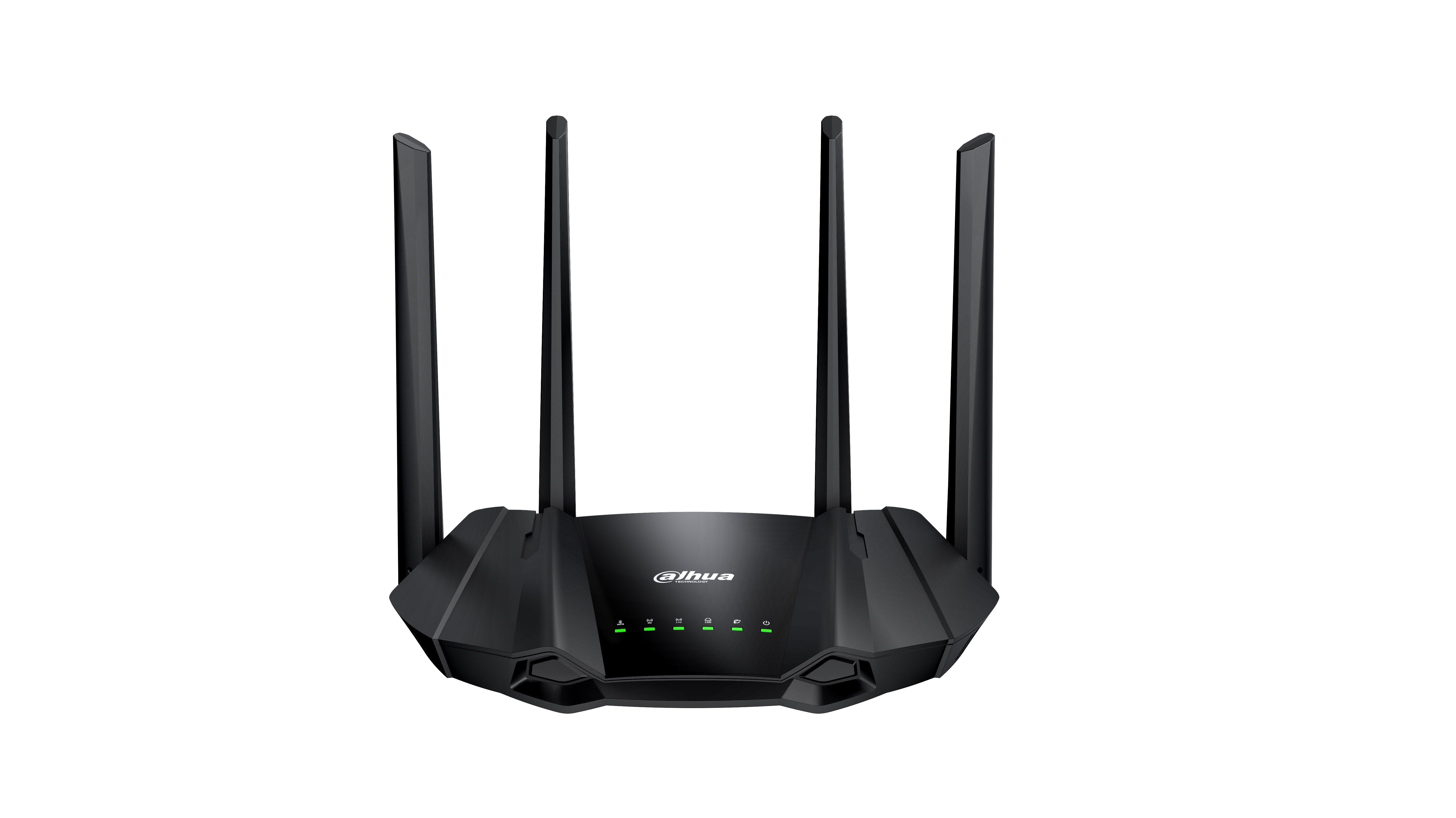Schwarzer WLAN-Router mit vier Antennen, auf weißem Hintergrund. Das Logo 'dhua' ist sichtbar.