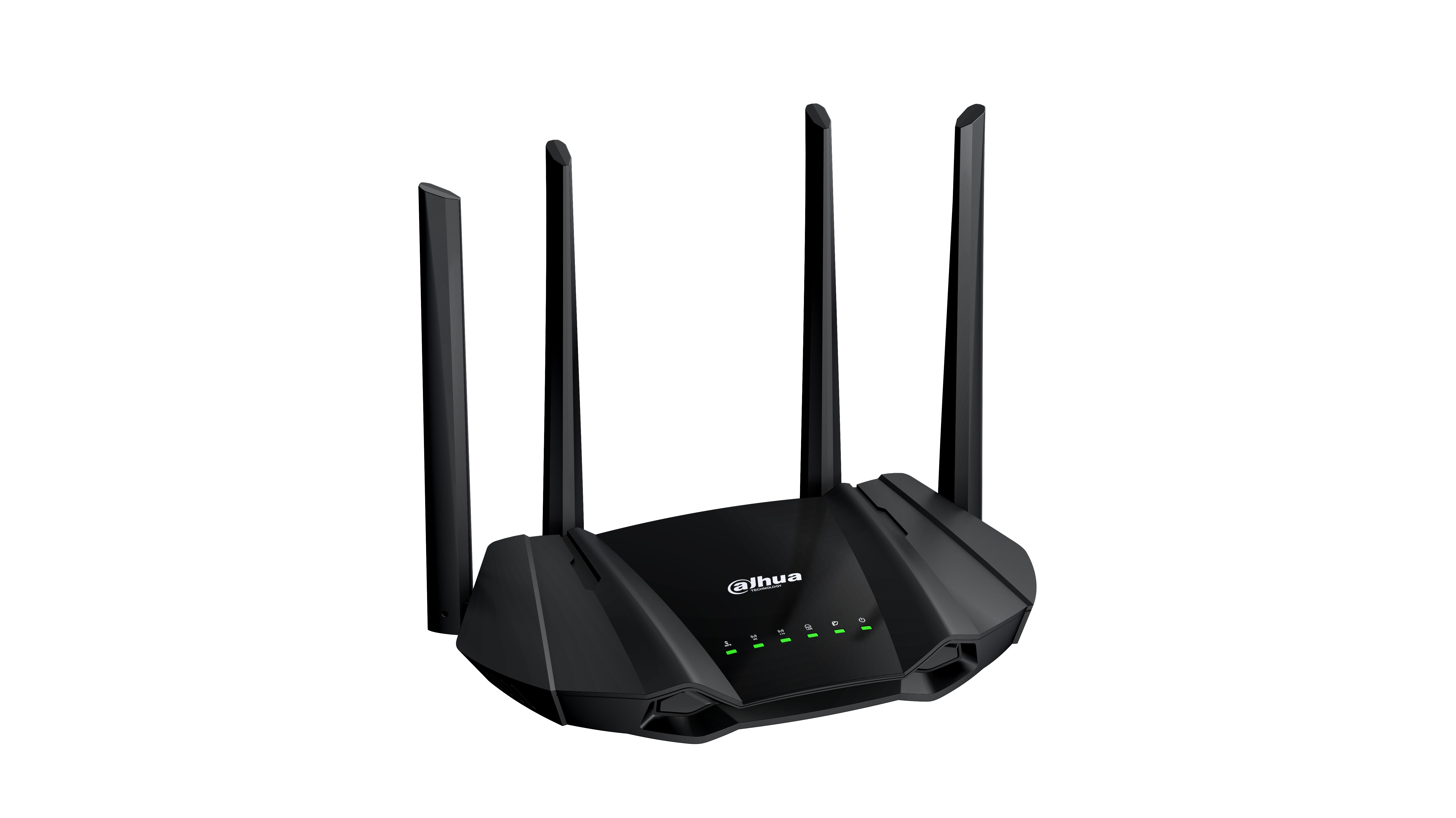 Schwarzer Router mit Antennen, vier Antennen und Lichtern. Der Router ist schwarz.